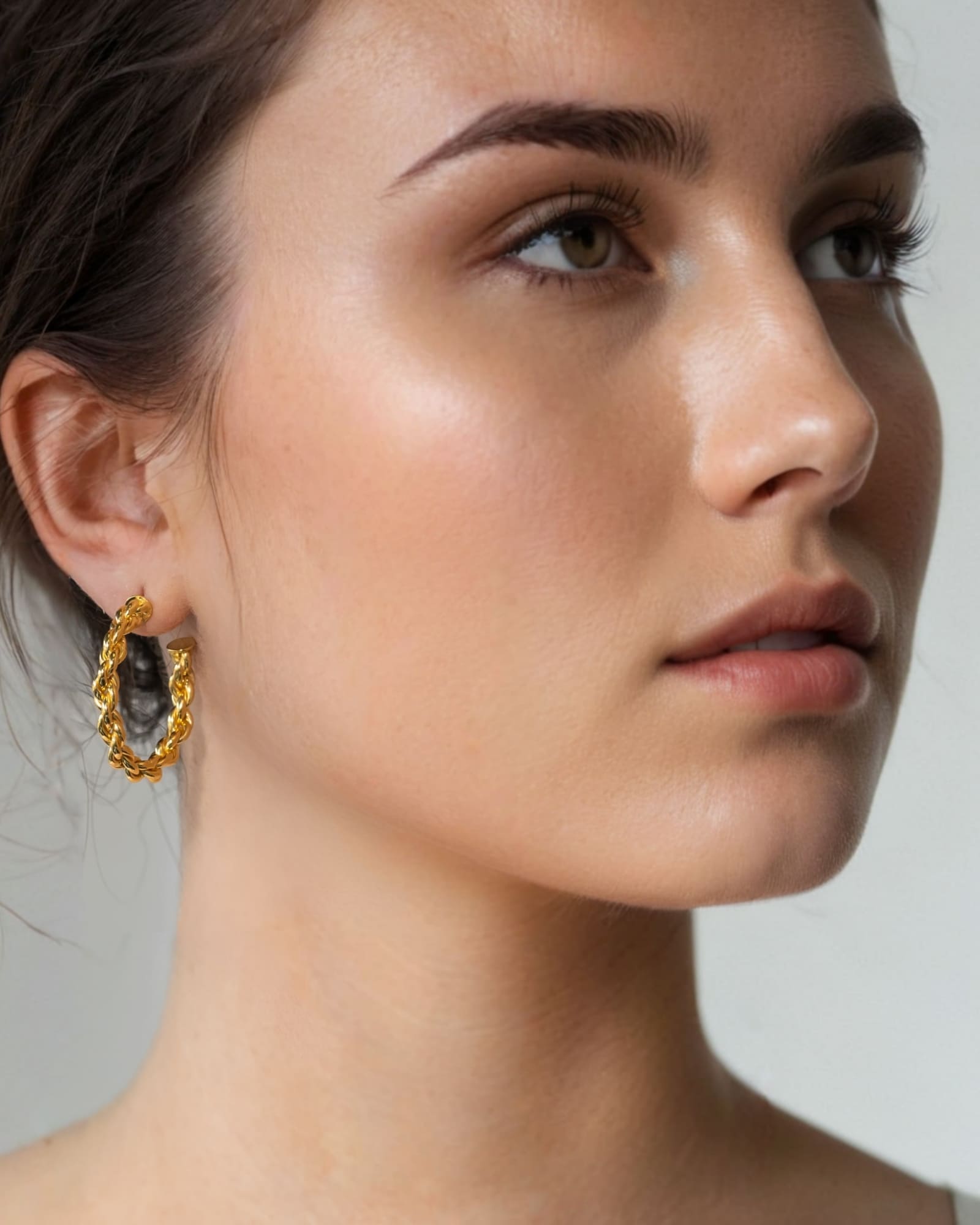 Interlace Gold Hoop Earrings by Lavana on model polished rope twist full hoop