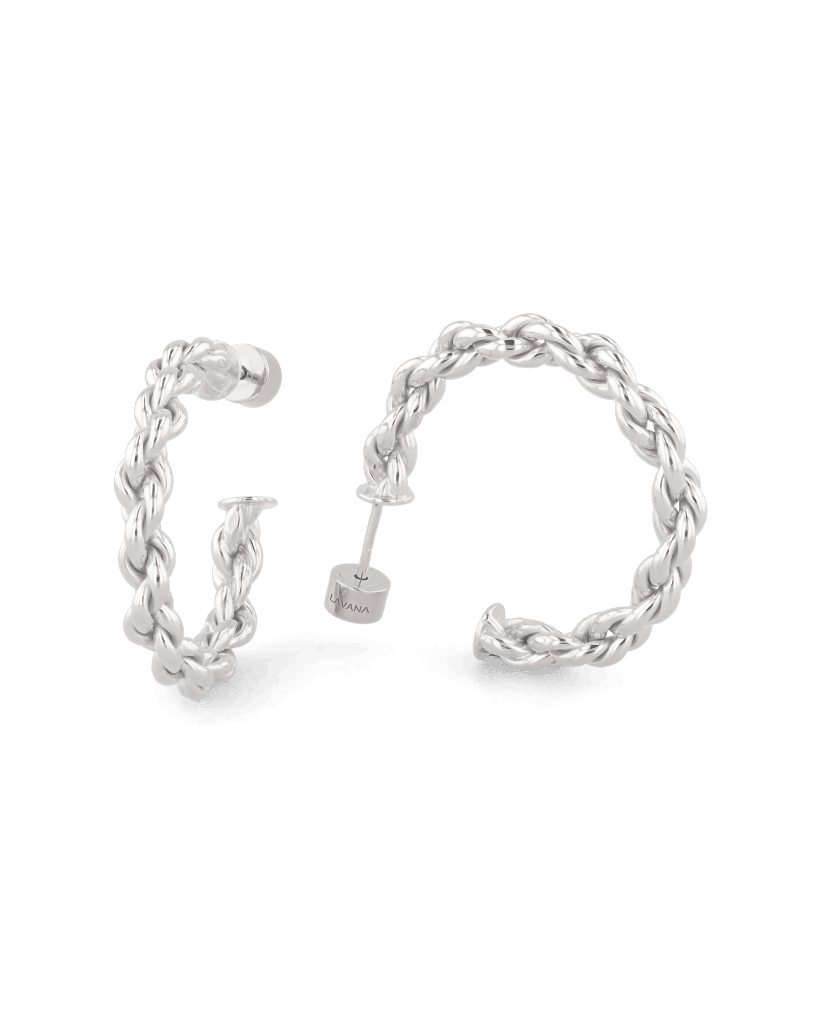 Interlace Silver Hoop Earrings by Lavana, polished rope twist full hoop