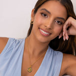Journey Compass Gold Pendant by Lavana on model in 18k gold plated with map detail