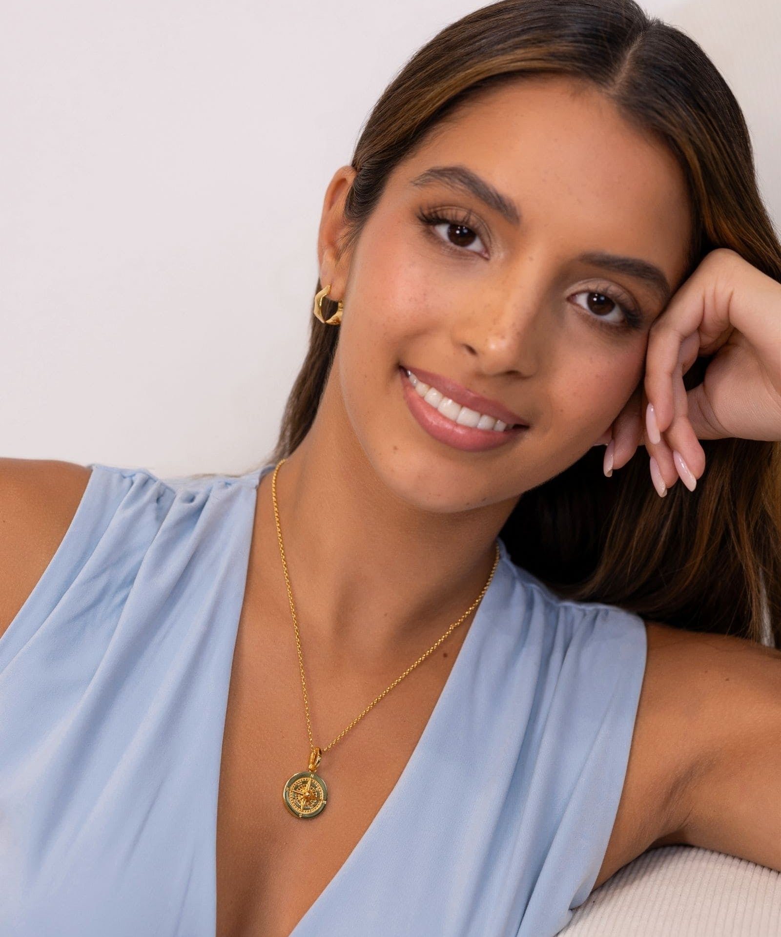 Journey Compass Gold Pendant by Lavana on model in 18k gold plated with map detail