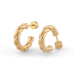 Kinetic Gold Hoop Earrings by Lavana, rounded half hoop with diagonal grooves