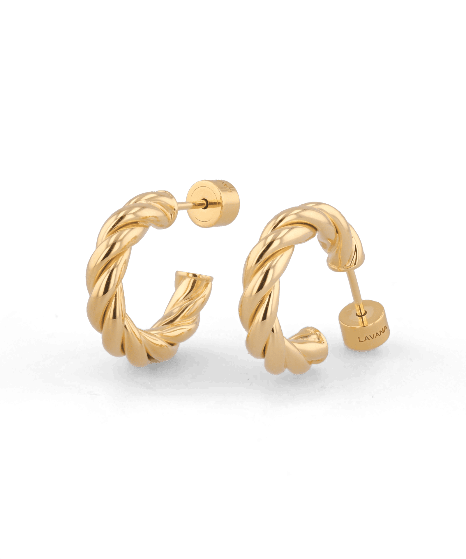 Kinetic Gold Hoop Earrings by Lavana, rounded half hoop with diagonal grooves