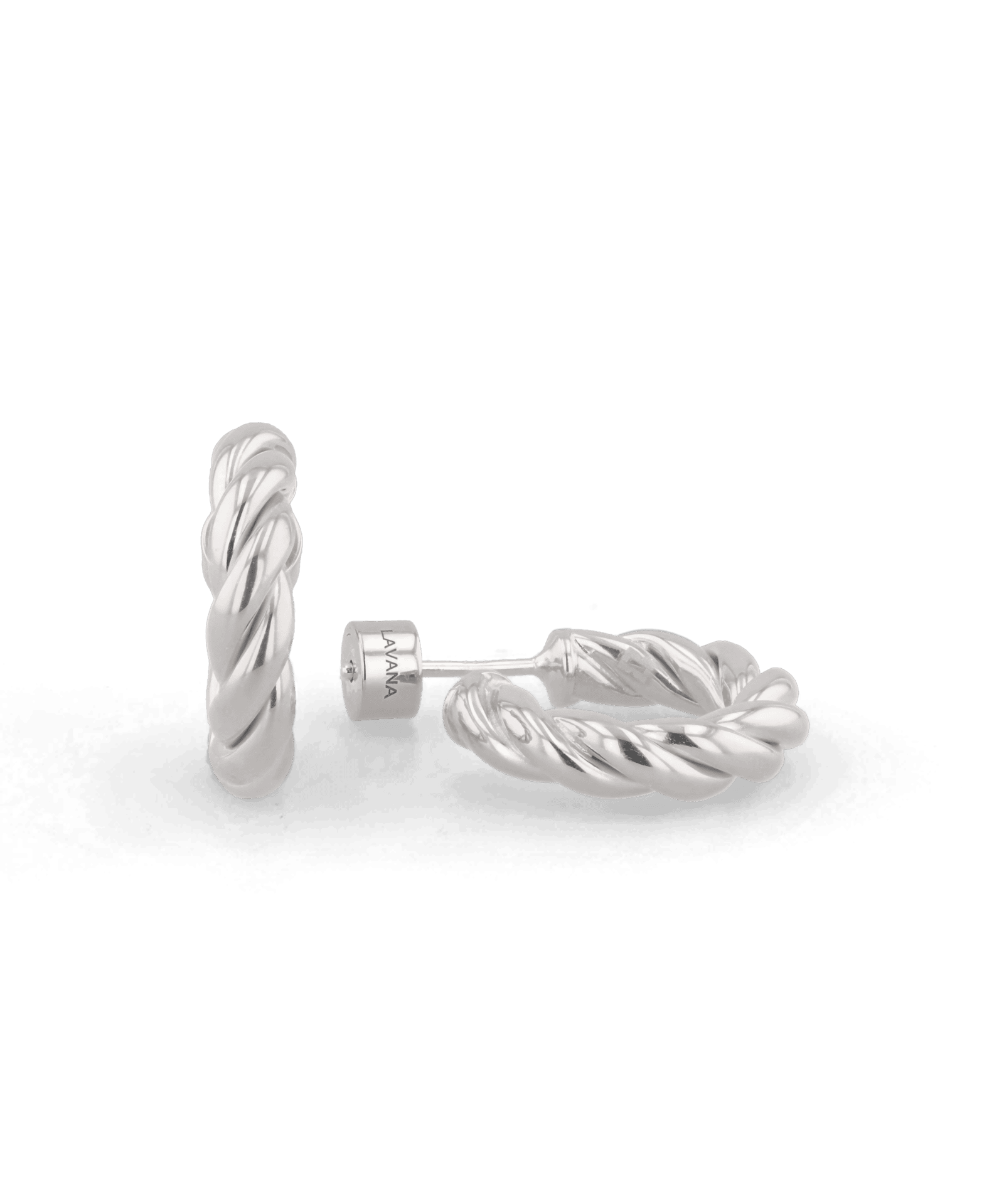 Kinetic Silver Hoop Earrings by Lavana, domed half hoop with diagonal grooves