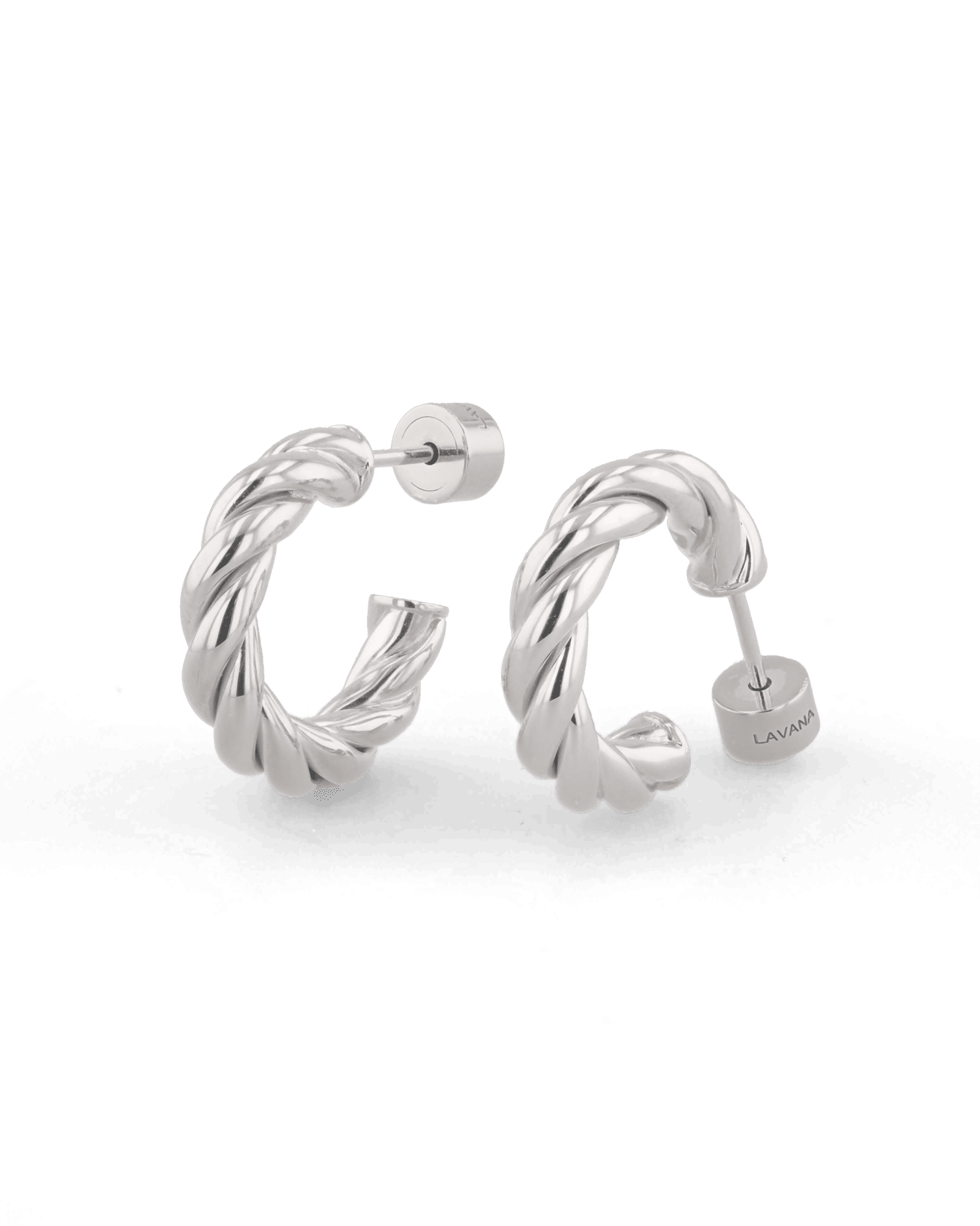 Kinetic Silver Hoop Earrings by Lavana, domed half hoop with diagonal grooves