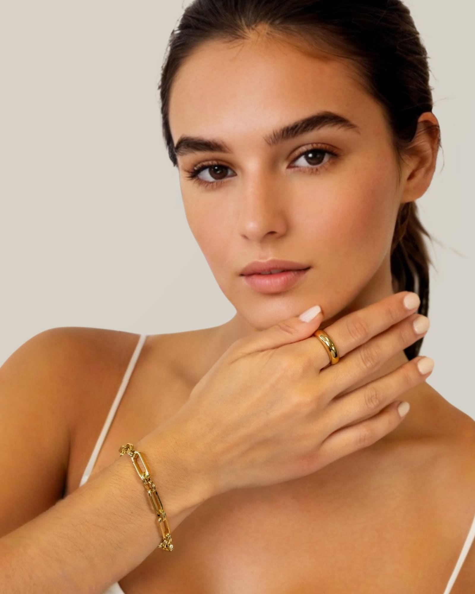 Latch Link Gold Bracelet by Lavana on model elongated oblong links with four openable links for charms