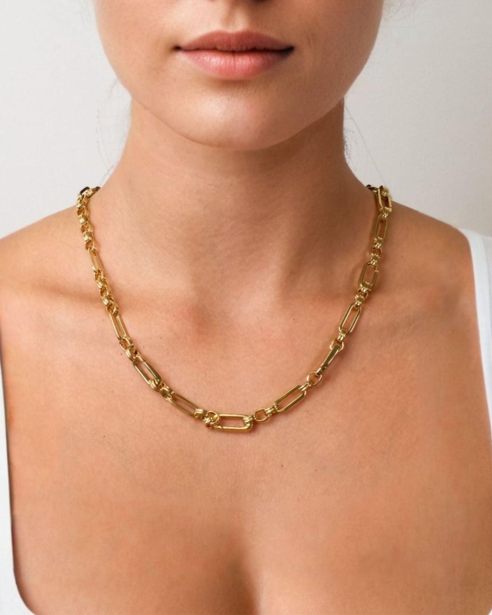 Latch Link Gold Charm Necklace by LAVANA on model paperclip chain with five openable charm links