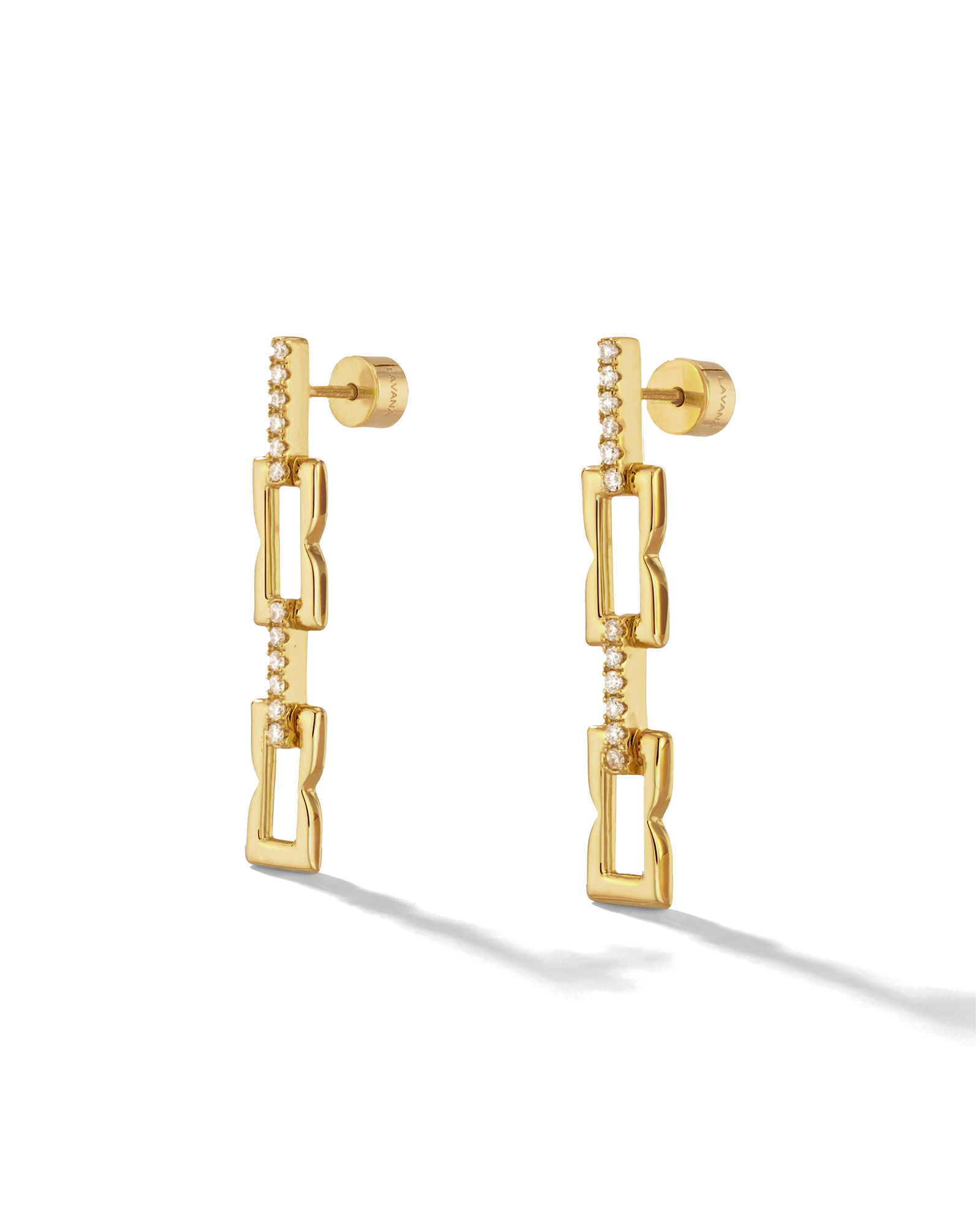 Lavana Signature gold link long drop earrings with lab grown diamonds 2