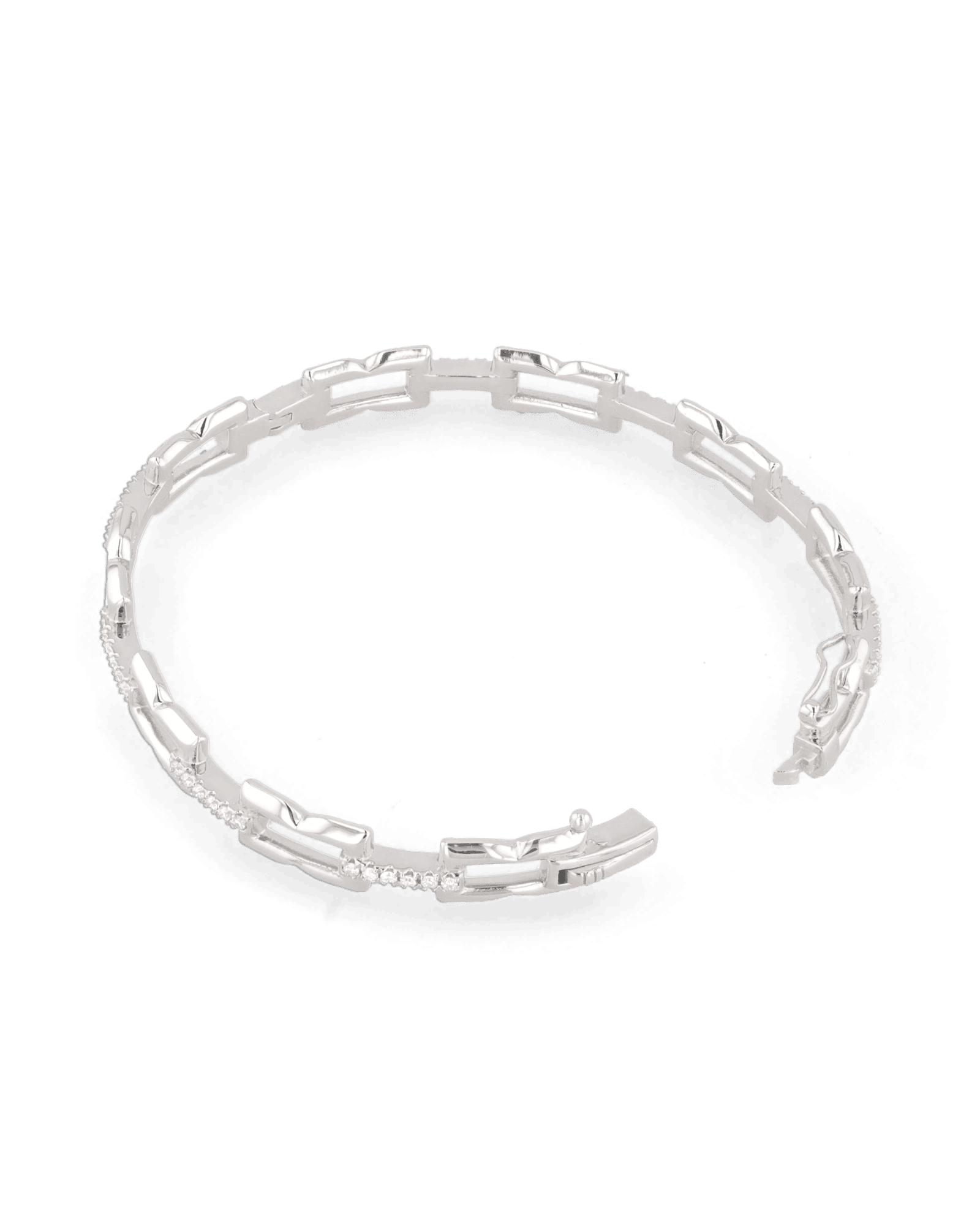 Lavana Signature silver diamond bangle, with logo motif links and lab grown diamonds