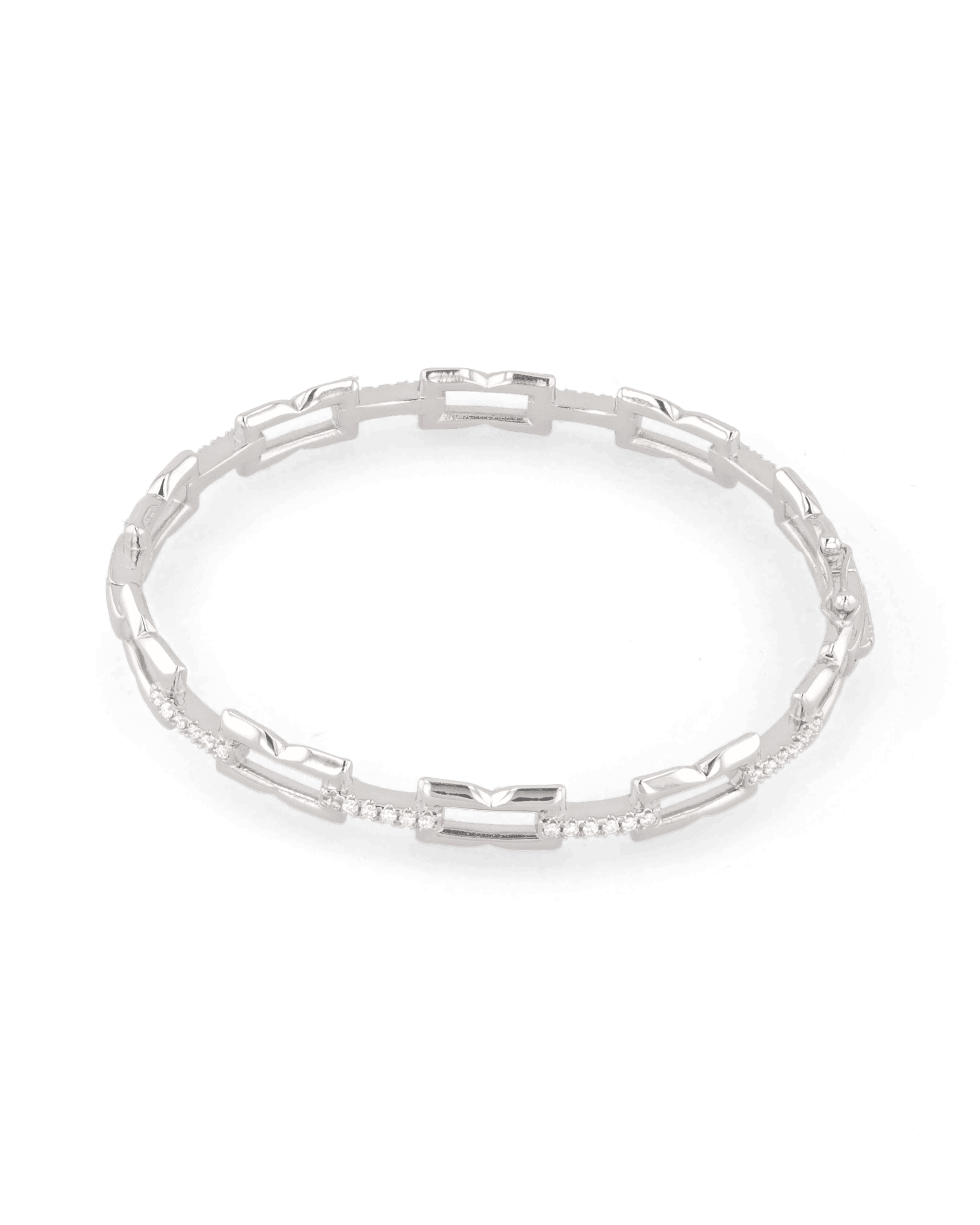 Lavana Signature silver diamond bangle, with logo motif links and lab grown diamonds