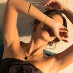Layer Me Paperclip Tag Gold Chain Necklace by Lavana, on model; modern paperclip chain with beaded chain and tag pendant
