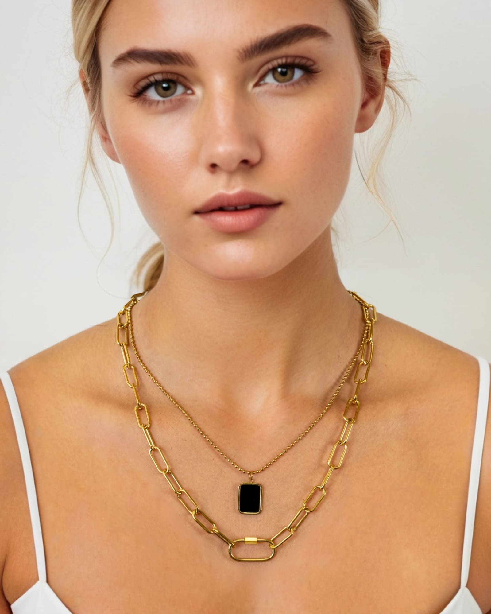 Layer Me Paperclip Tag Gold Chain Necklace by Lavana, on model; paperclip chain with beaded chain and tag pendant 