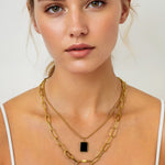 Layer Me Paperclip Tag Gold Chain Necklace by Lavana, on model; paperclip chain with beaded chain and tag pendant 
