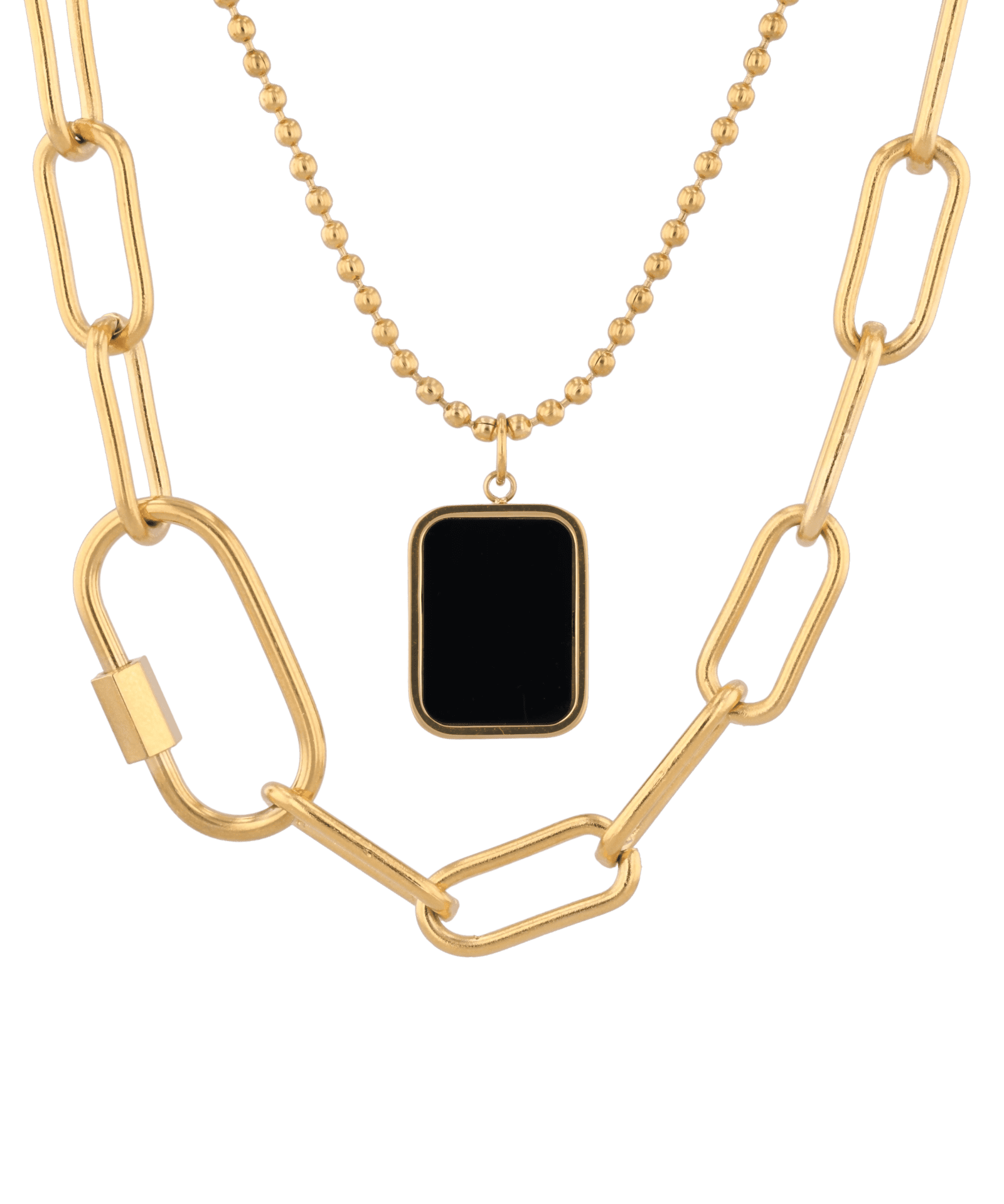 Layer Me Paperclip Tag Gold Chain Necklace by Lavana, paperclip chain with beaded chain and tag pendant