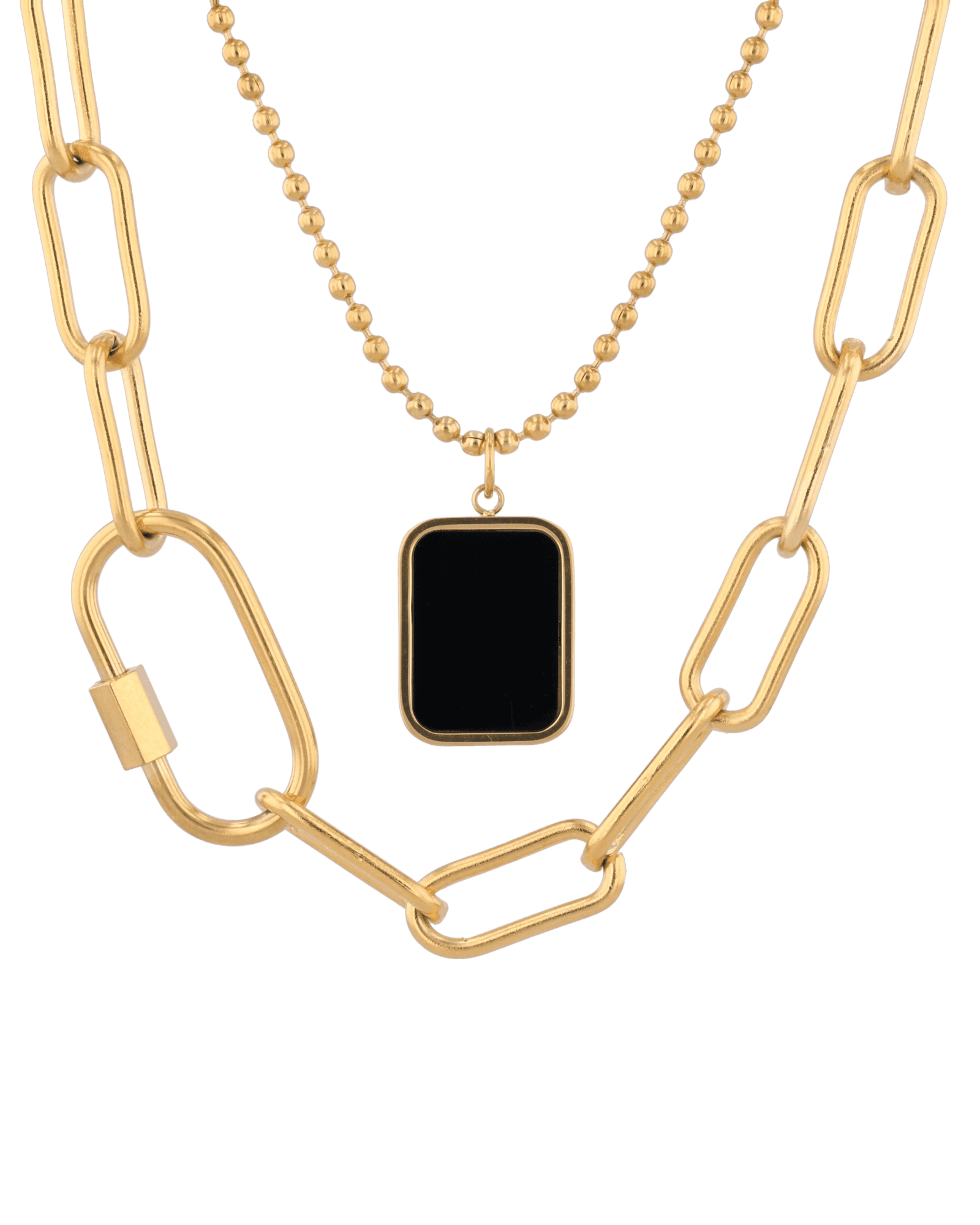 Layer Me Paperclip Tag Gold Chain Necklace by Lavana, paperclip chain with beaded chain and tag pendant