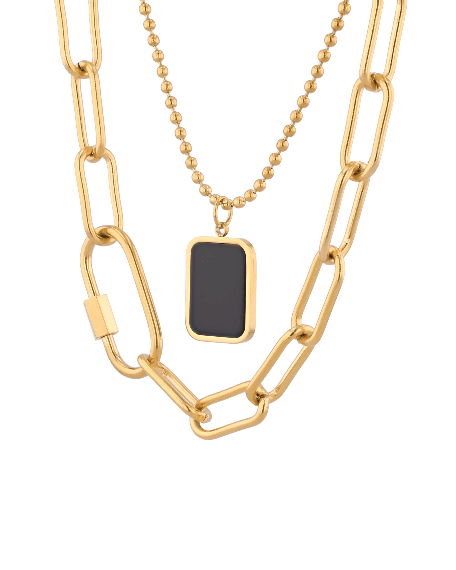 Layer Me Paperclip Tag Gold Chain Necklace by Lavana, paperclip chain with beaded chain and tag pendant