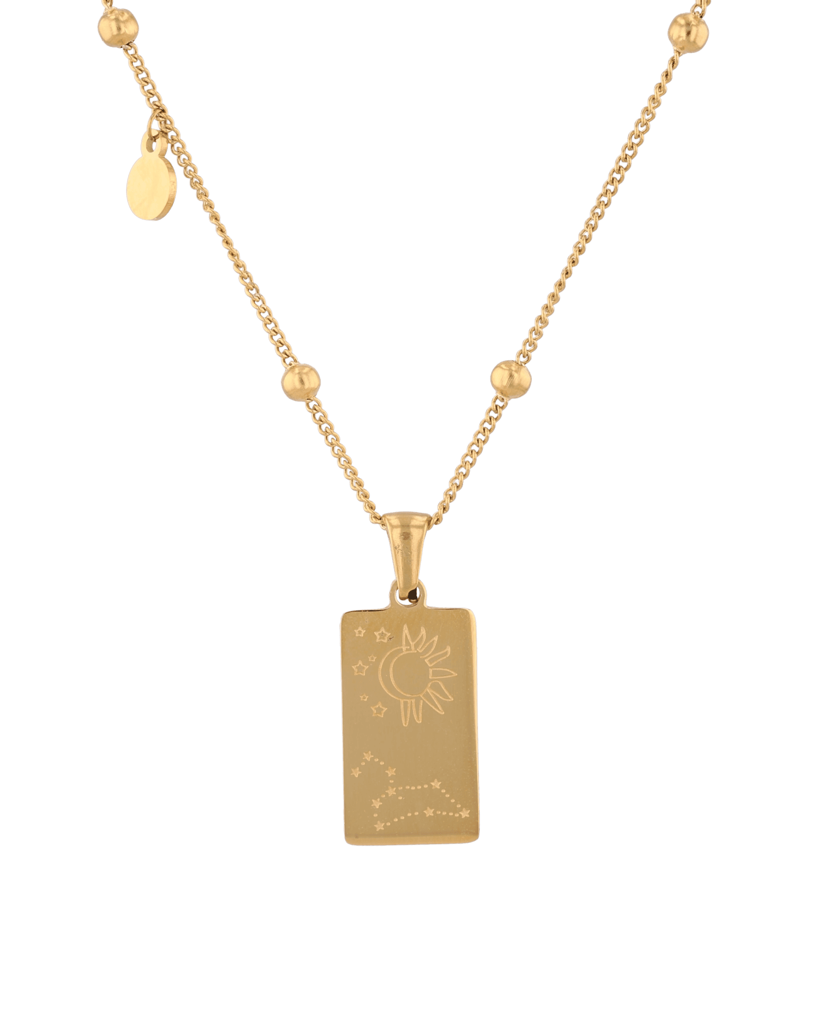 Leo Gold Zodiac Tag Necklace by Lavana, engraved tag with constellation on beaded chain, back view