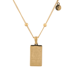 Leo Gold Zodiac Tag Necklace by Lavana, engraved tag with constellation on beaded chain, front view