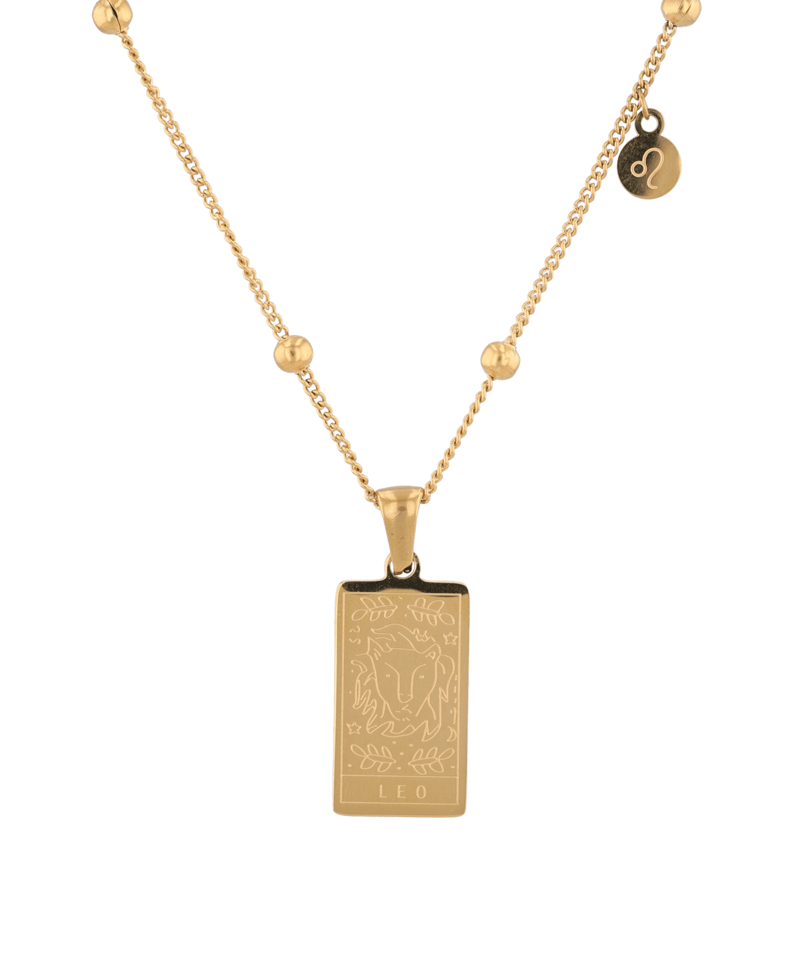 Leo Gold Zodiac Tag Necklace by Lavana, engraved tag with constellation on beaded chain, front view