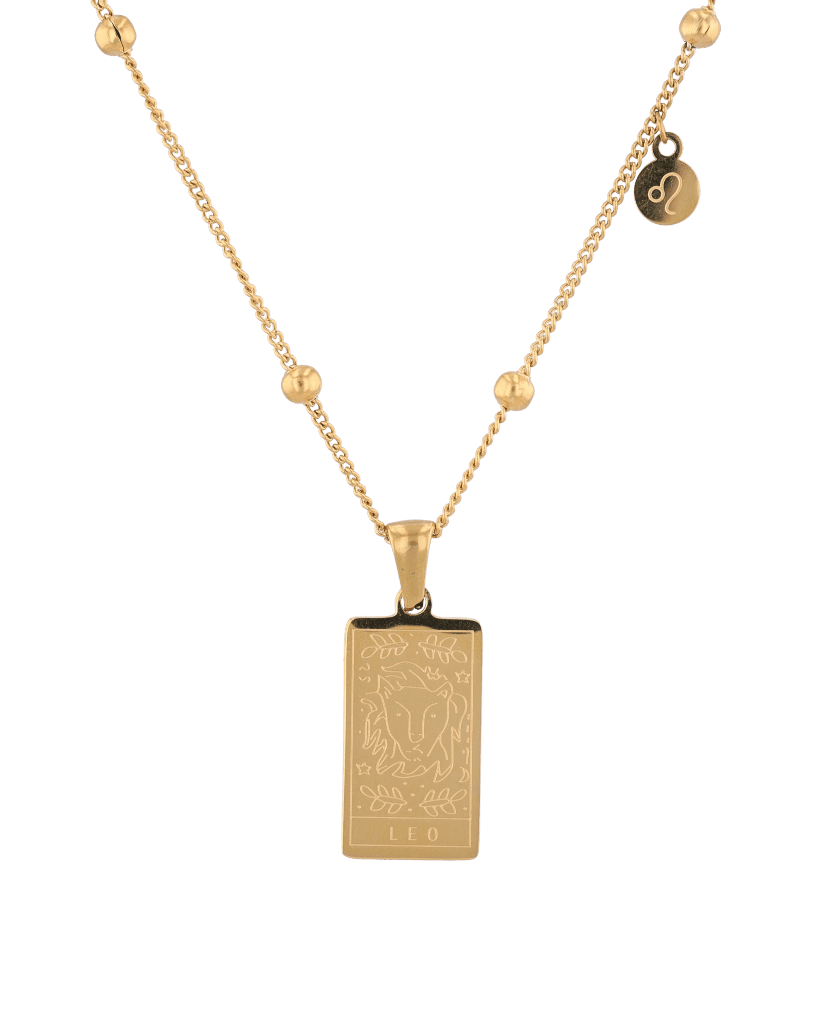 Leo Gold Zodiac Tag Necklace by Lavana, engraved tag with constellation on beaded chain, front view
