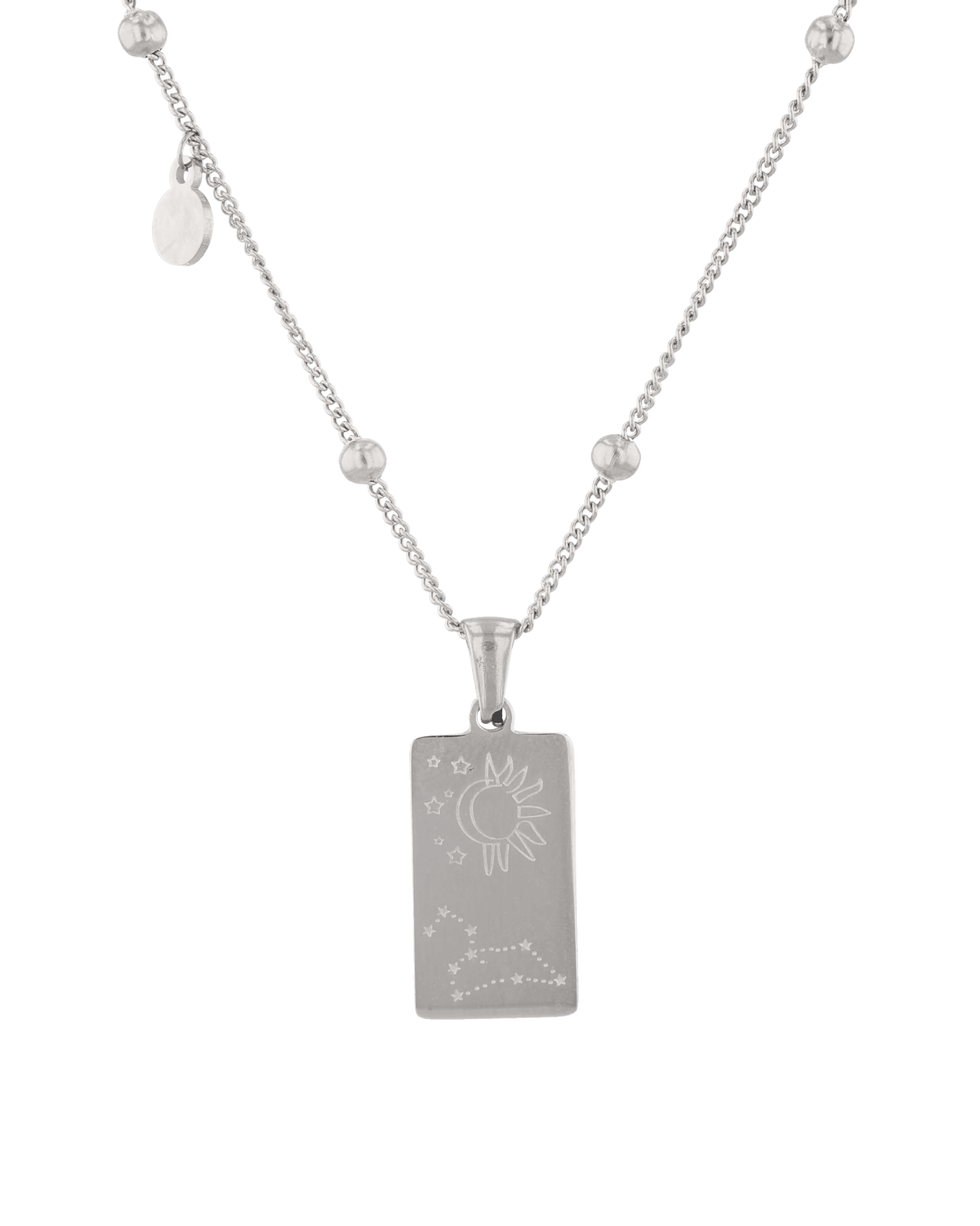 Leo Silver Zodiac Tag Necklace by Lavana, engraved tag with constellation on beaded chain, back view
