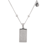 Leo Silver Zodiac Tag Necklace by Lavana, engraved tag with constellation on beaded chain, front view