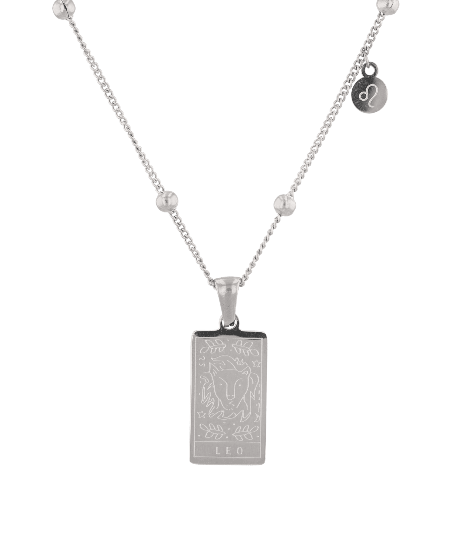 Leo Silver Zodiac Tag Necklace by Lavana, engraved tag with constellation on beaded chain, front view