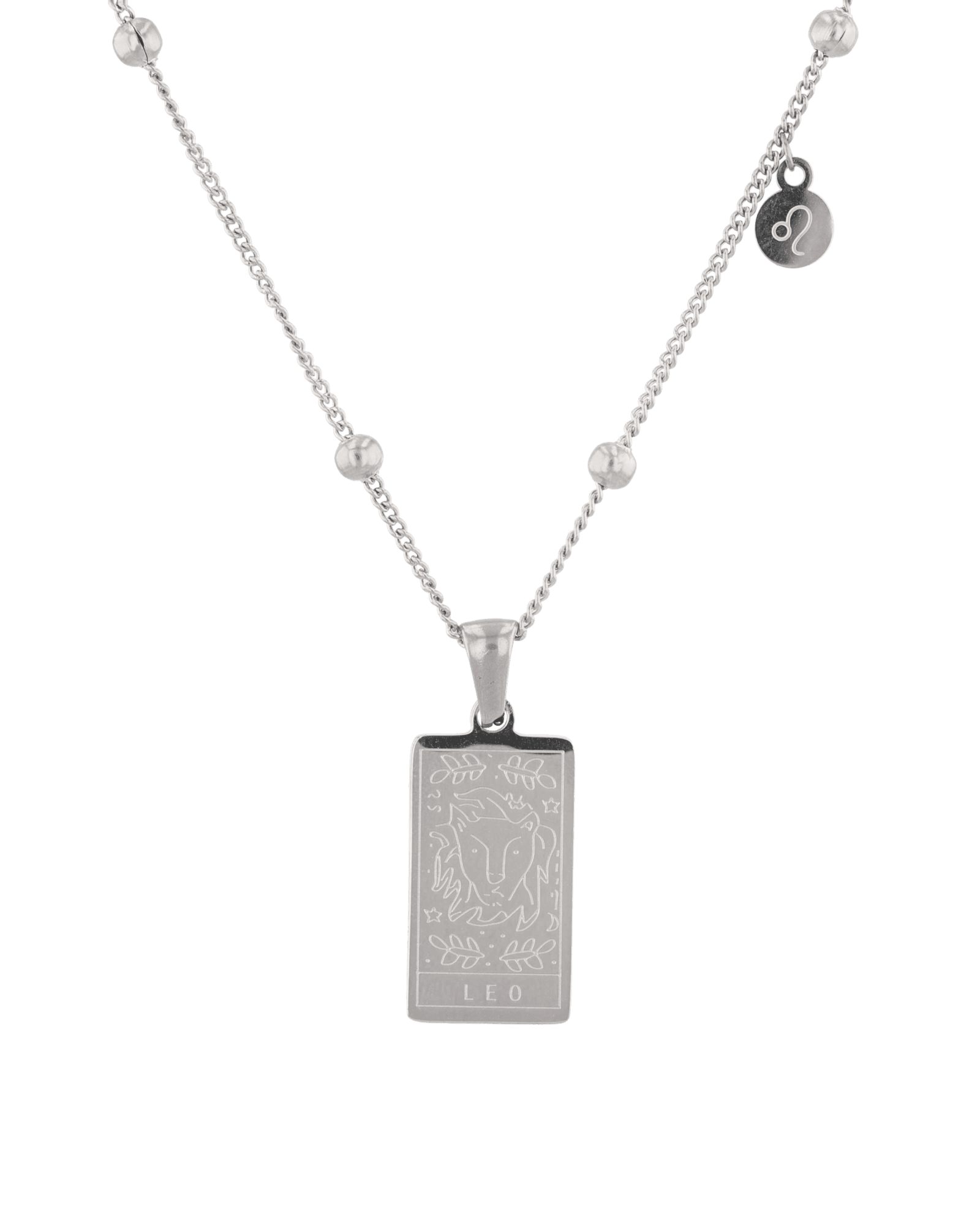 Leo Silver Zodiac Tag Necklace by Lavana, engraved tag with constellation on beaded chain, front view