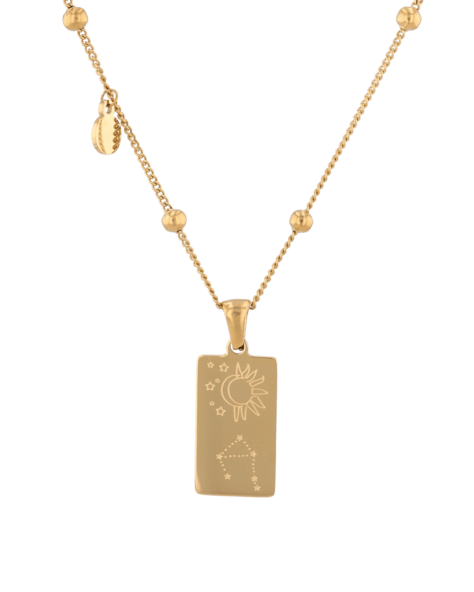 Libra Gold Zodiac Tag Necklace by Lavana, engraved tag with constellation on beaded chain, back view