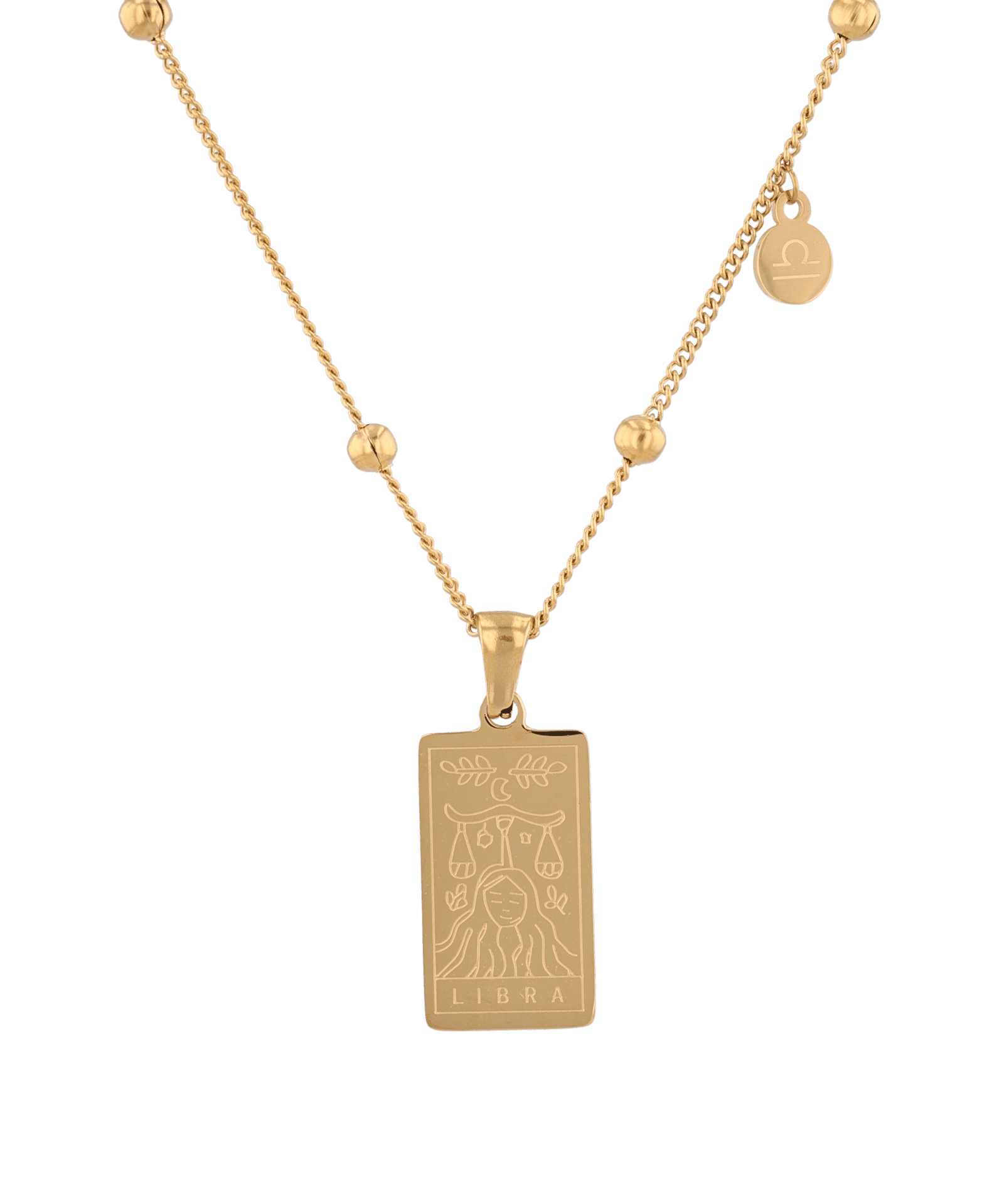 Libra Gold Zodiac Tag Necklace by Lavana, engraved tag with constellation on beaded chain, front view