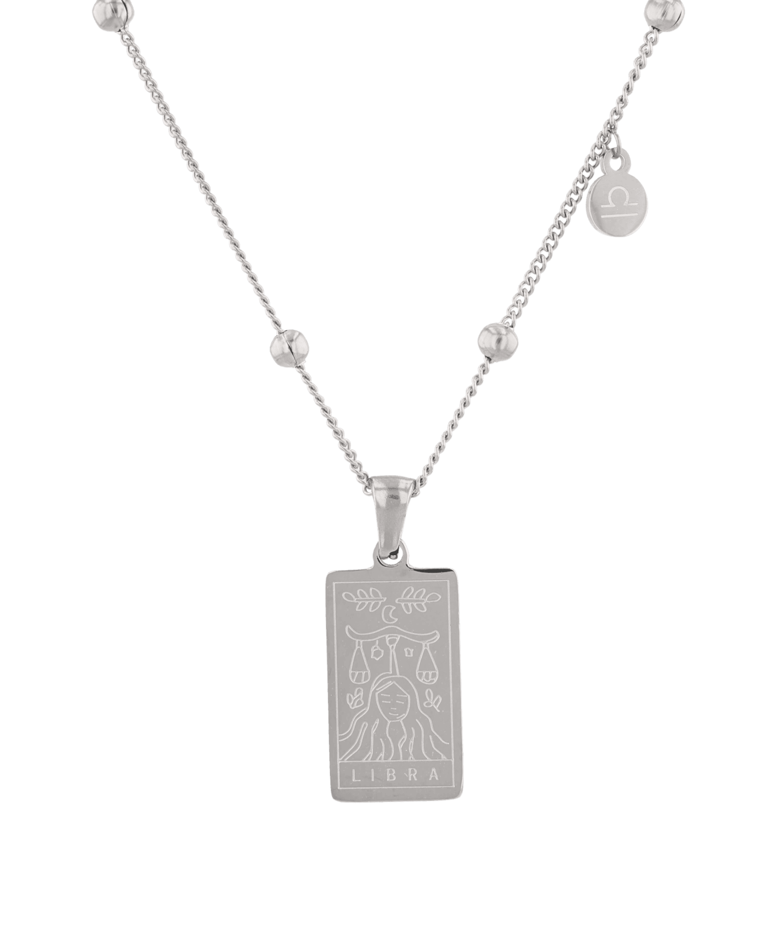 Libra Silver Zodiac Tag Necklace by Lavana, engraved tag on beaded chain, front view