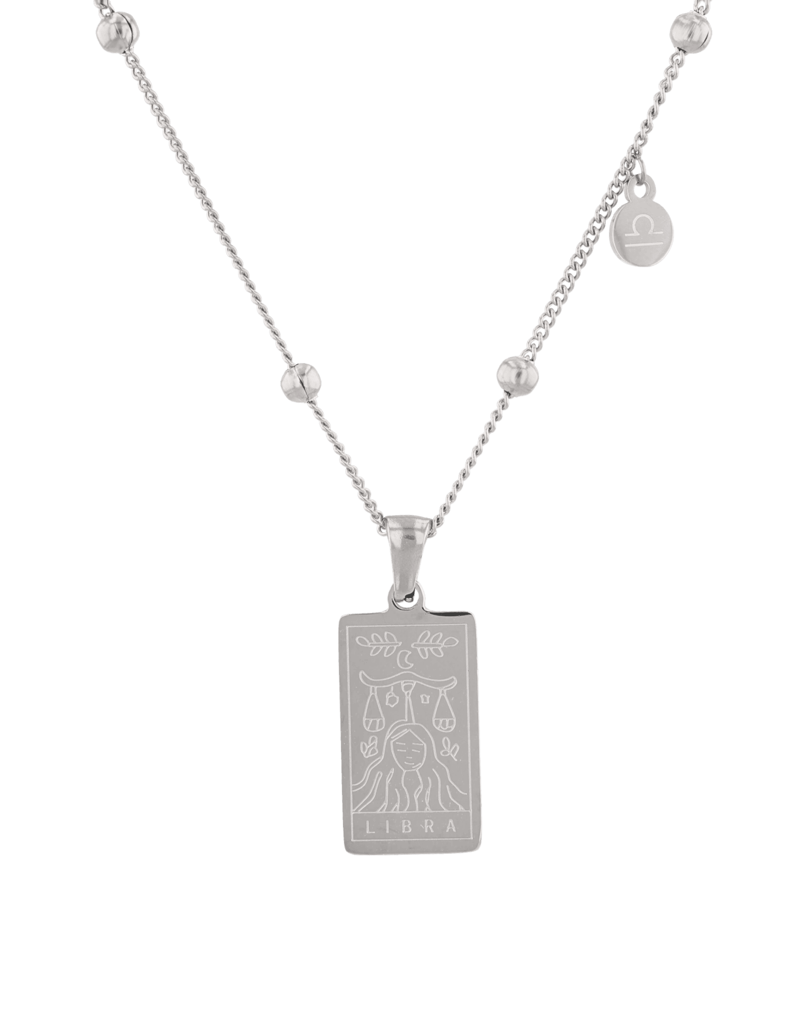Libra Silver Zodiac Tag Necklace by Lavana, engraved tag on beaded chain, front view