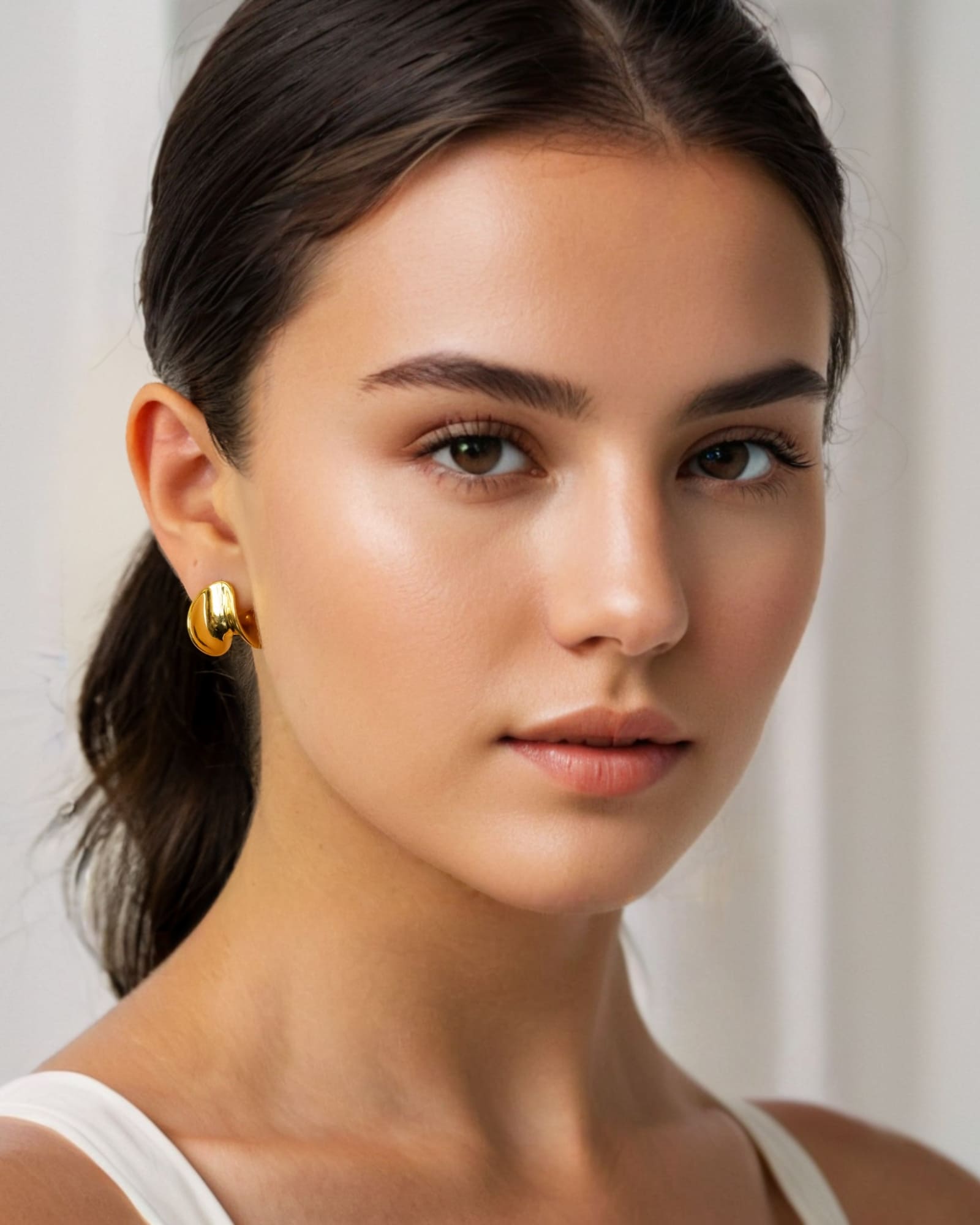 Liquid Arc Gold Earrings by Lavana, on model; sculptural tapered arc with high gloss finish
