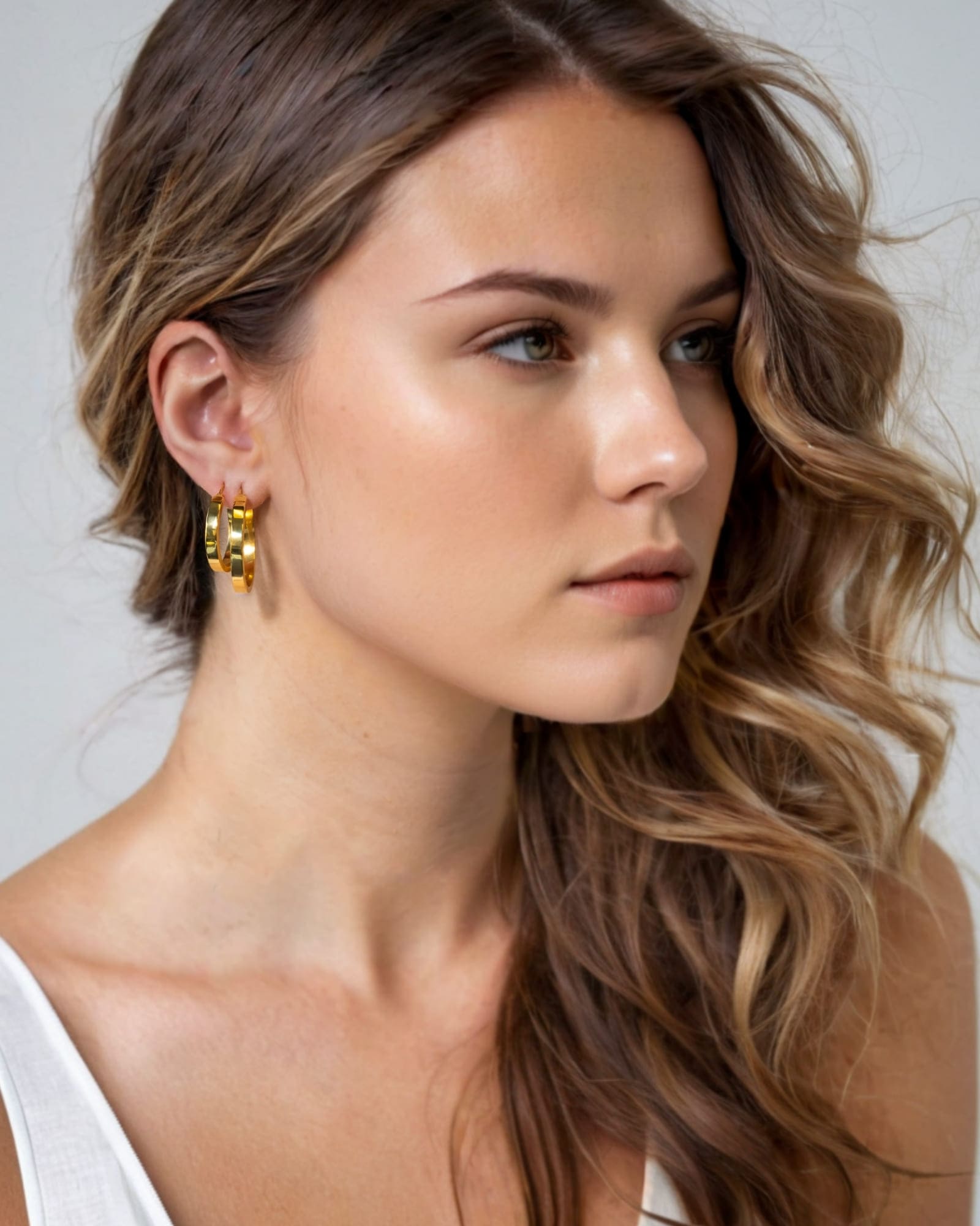Luna Gold Hoop Earrings Medium and Large by Lavana on model polished classic 4mm hoops available in four sizes layered