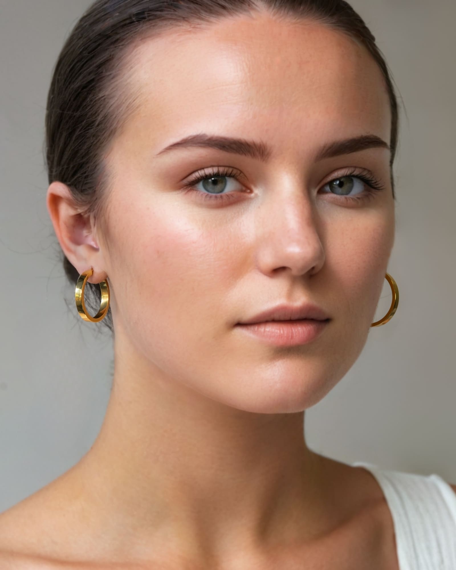 Luna Gold Large Hoop Earrings by Lavana on model polished classic 4mm hoops available in four sizes