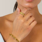 Luxe Link Gold Bracelet by Lavana on model elongated links with polished spheres and extender chain