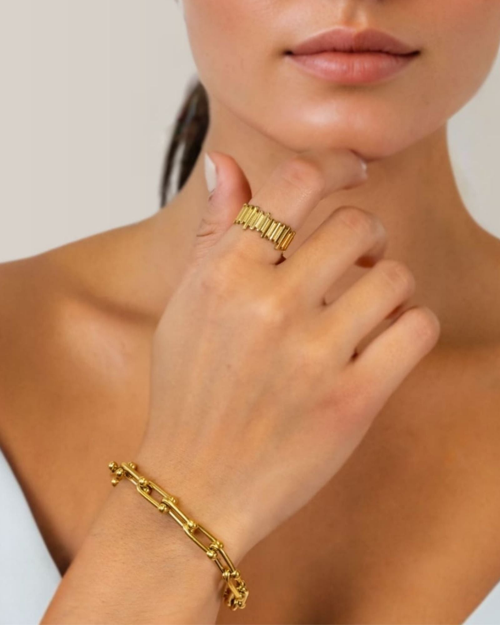 Luxe Link Gold Bracelet by Lavana on model elongated links with polished spheres and extender chain