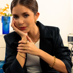 Luxe Link Gold Bracelet by Lavana, on model modern elongated links with polished spheres on T-bar