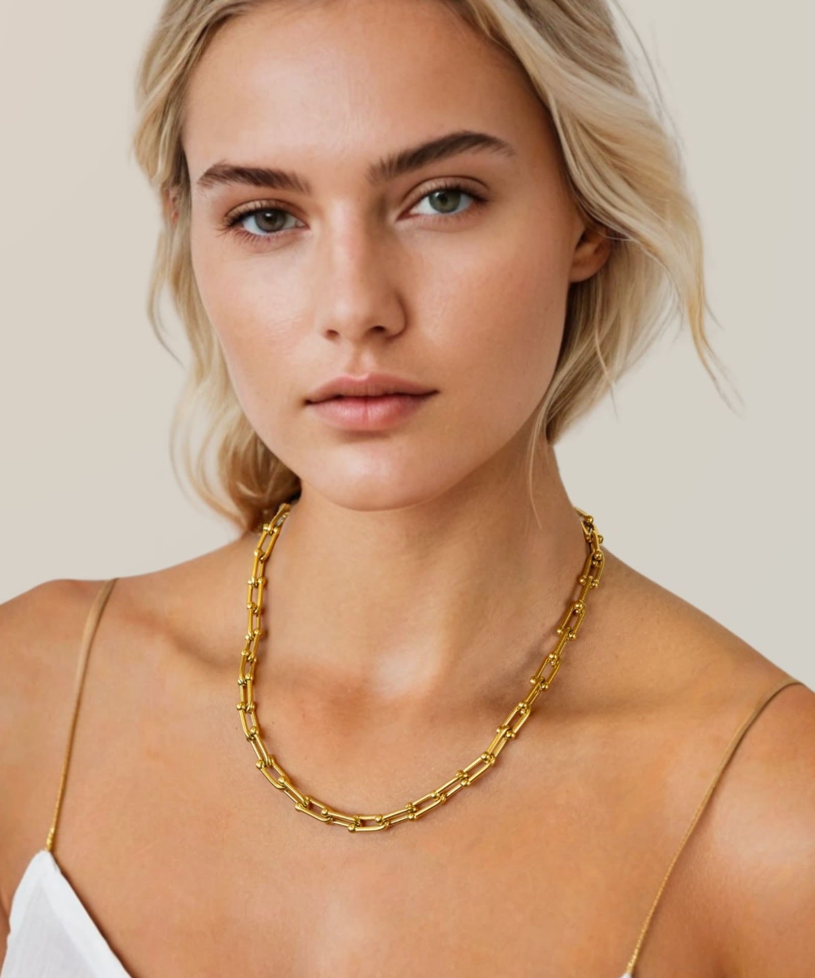 Luxe Link Gold Chain Necklace by Lavana, on model; chunky polished links Hardwear inspired dressy set