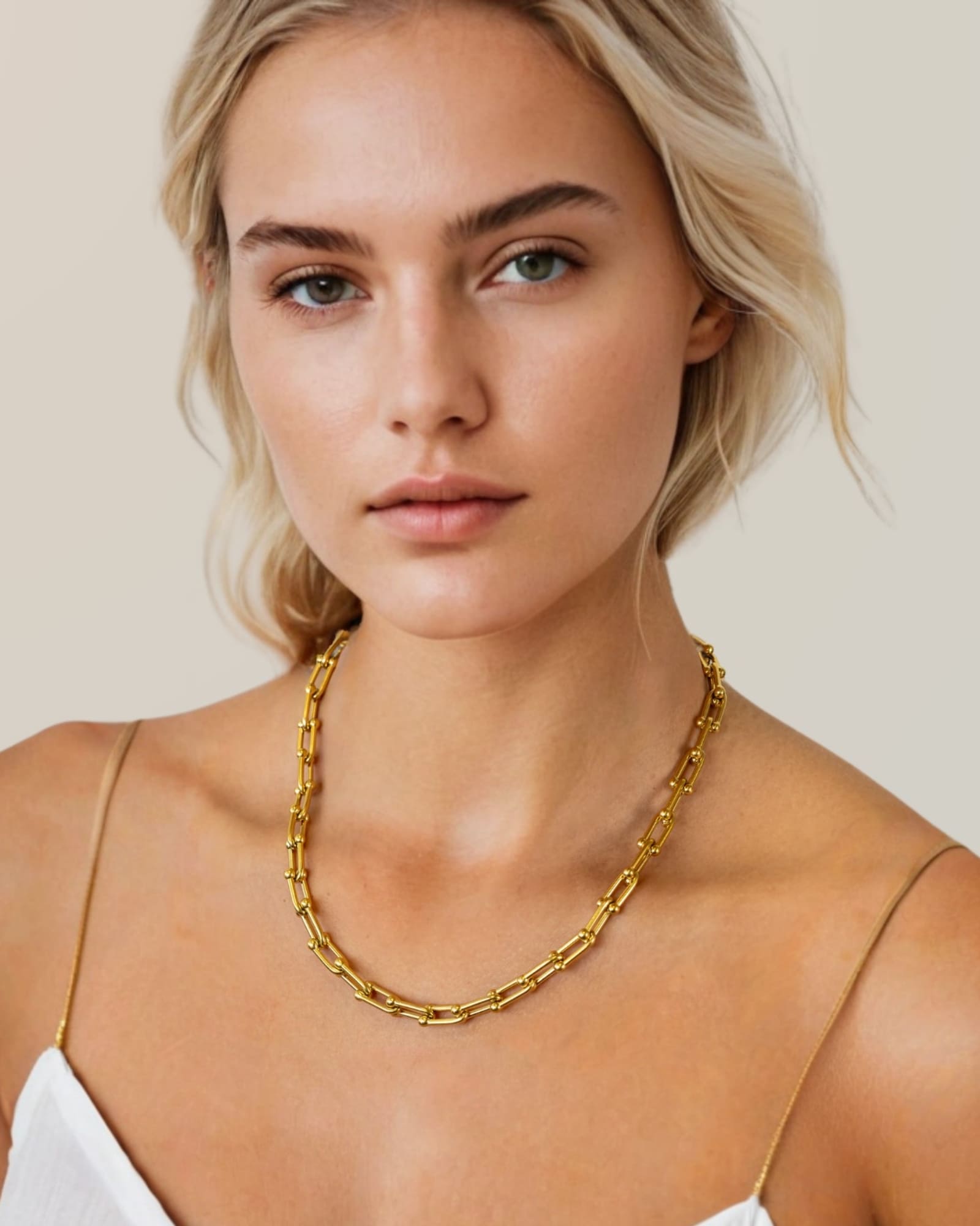 Luxe Link Gold Chain Necklace by Lavana, on model; chunky polished links Hardwear inspired dressy set