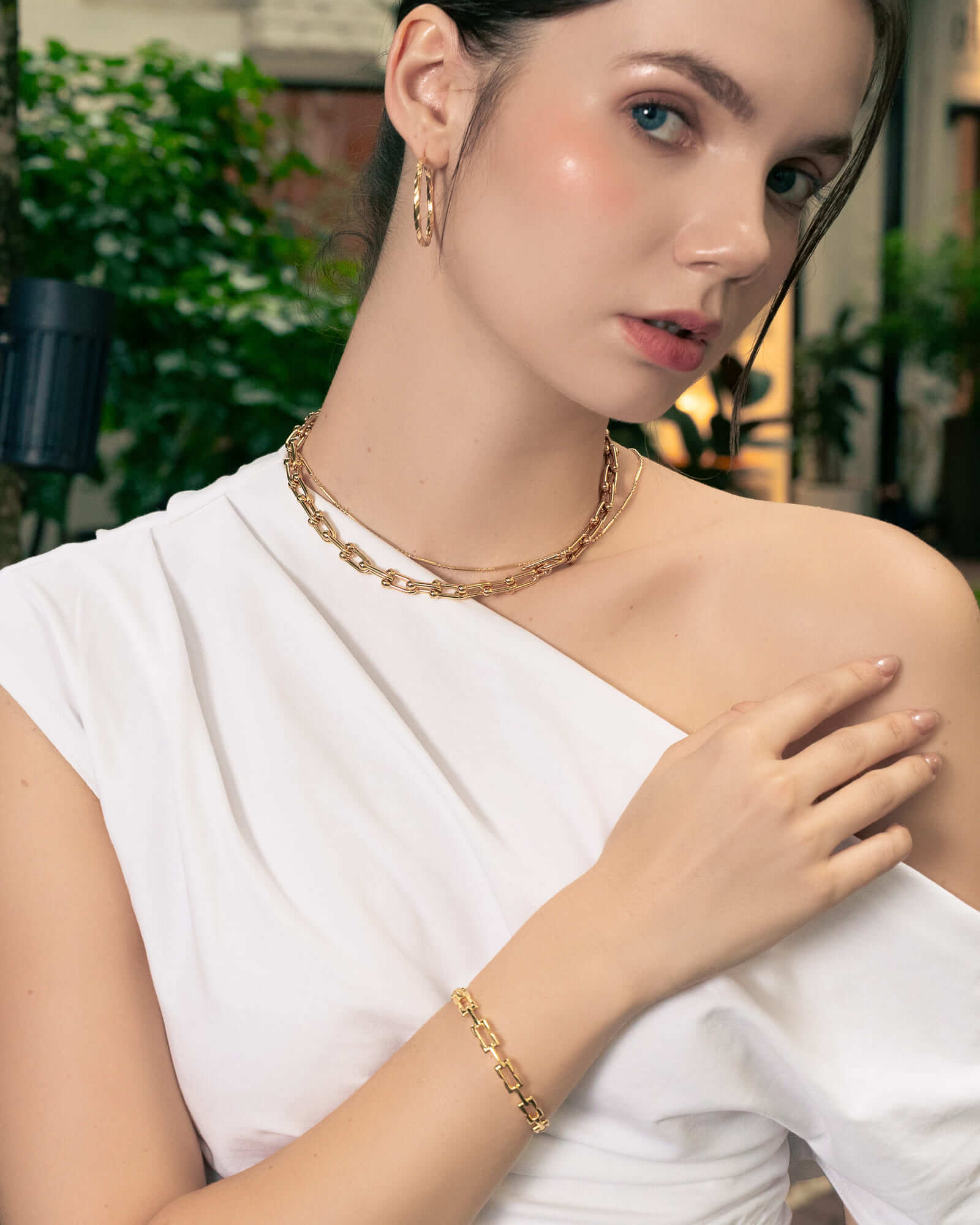 Luxe Link Gold Chain Necklace by Lavana, on model; chunky polished modern links Hardwear inspired dressy set