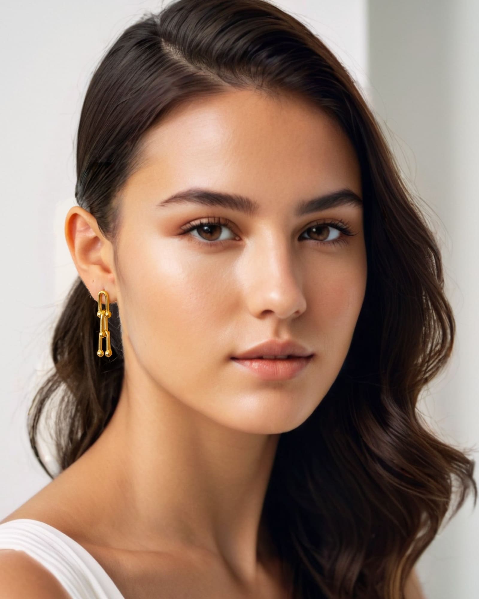 Luxe Link Gold Earrings by Lavana, on model; elongated link drops with polished spheres
