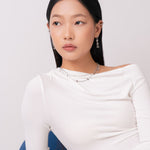 Luxe Link Silver Earrings by Lavana, on model; modern elongated link drops with polished spheres 