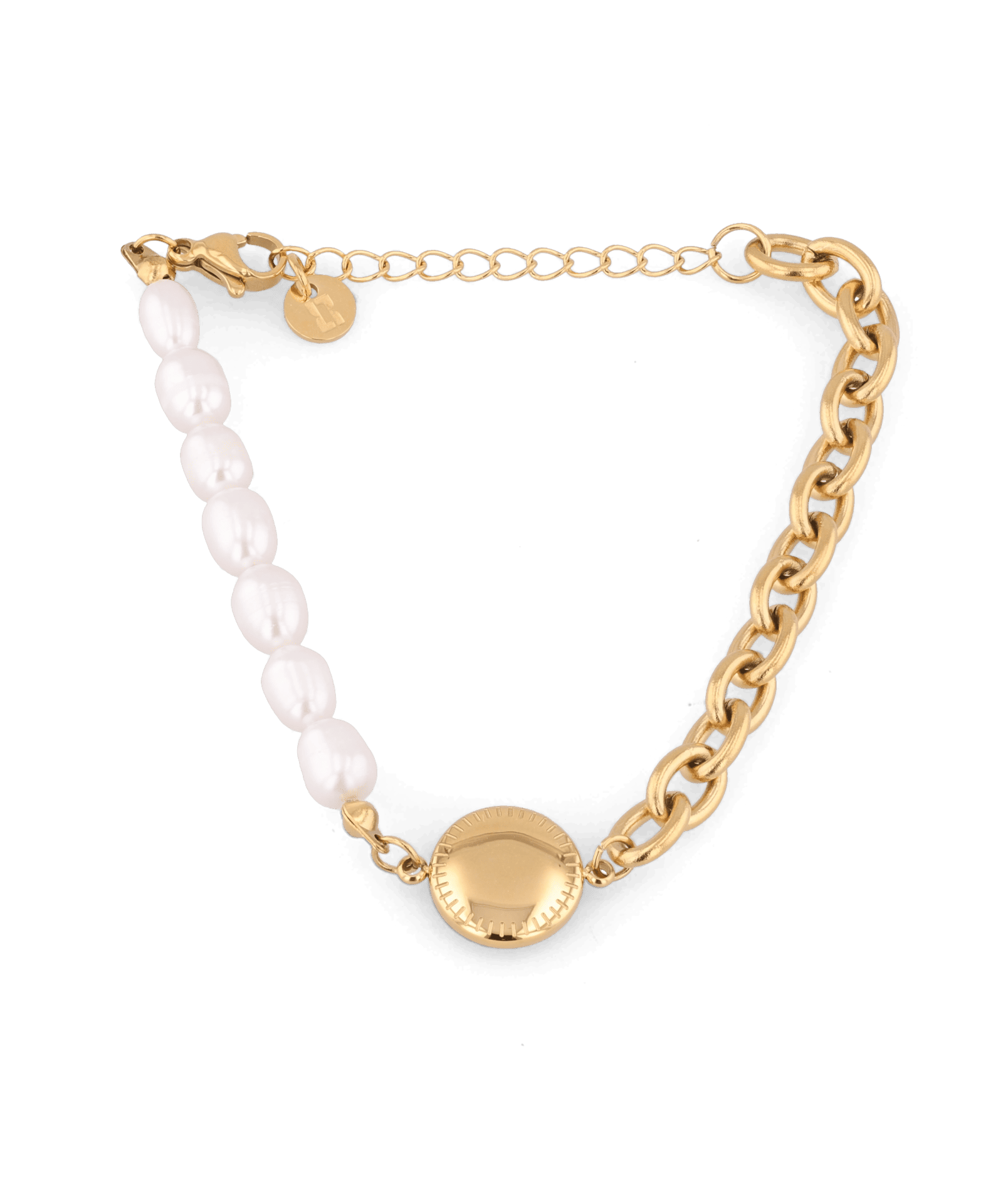 Madeira Gold Pearl Bracelet by Lavana, half chain half freshwater pearls with engravable disc