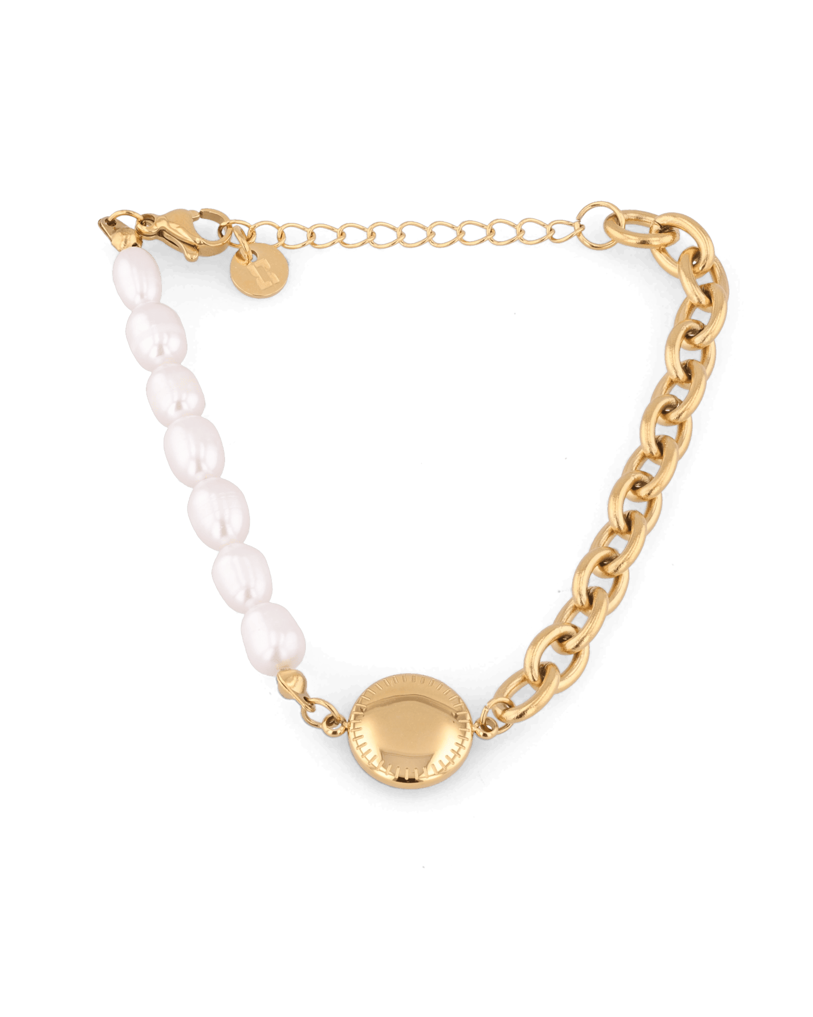 Madeira Gold Pearl Bracelet by Lavana, half chain half freshwater pearls with engravable disc