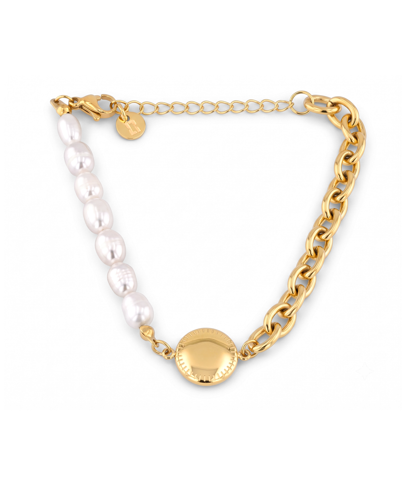 Madeira Gold Pearl Bracelet by Lavana, half chain half freshwater pearls with engravable disc