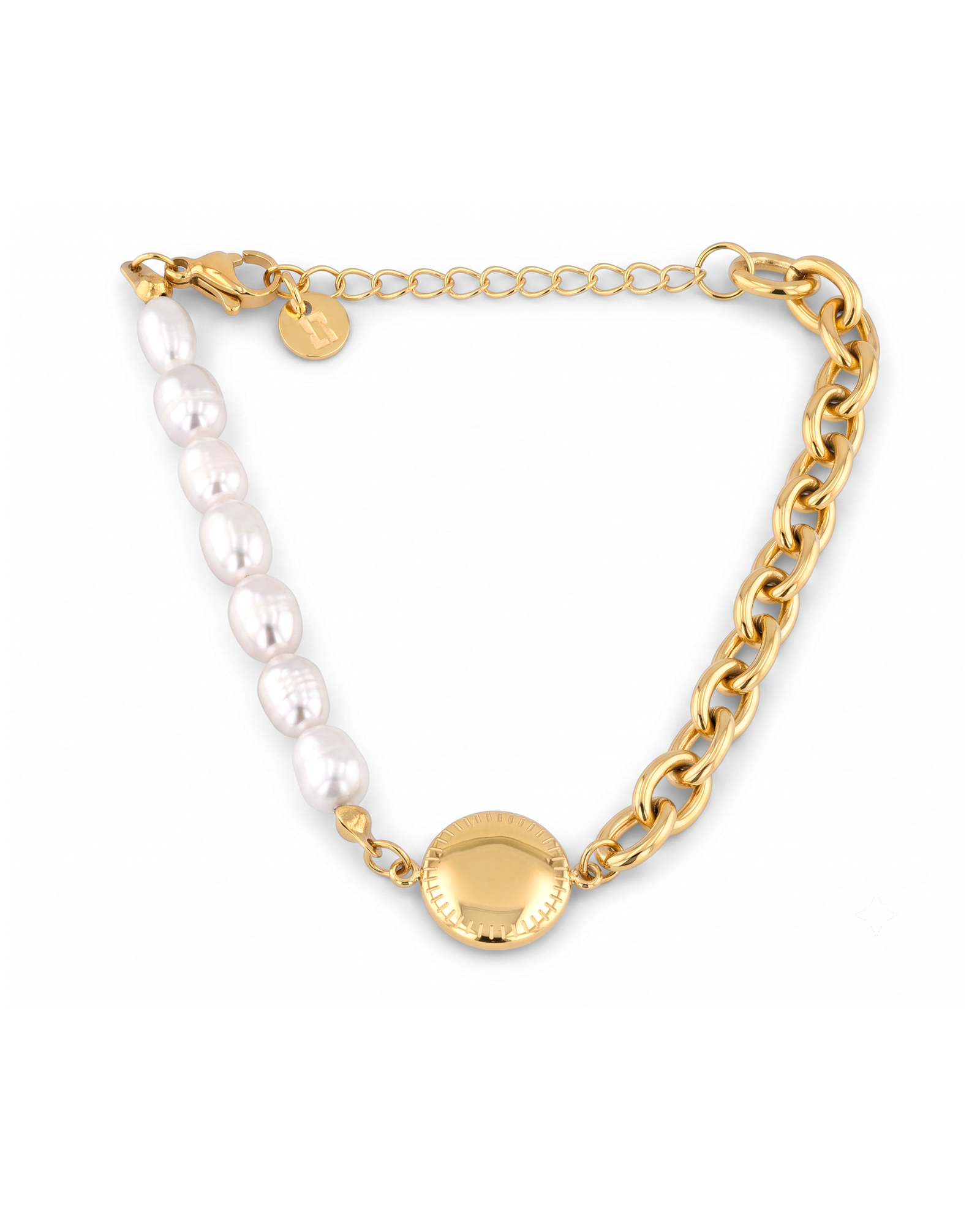 Madeira Gold Pearl Bracelet by Lavana, half chain half freshwater pearls with engravable disc