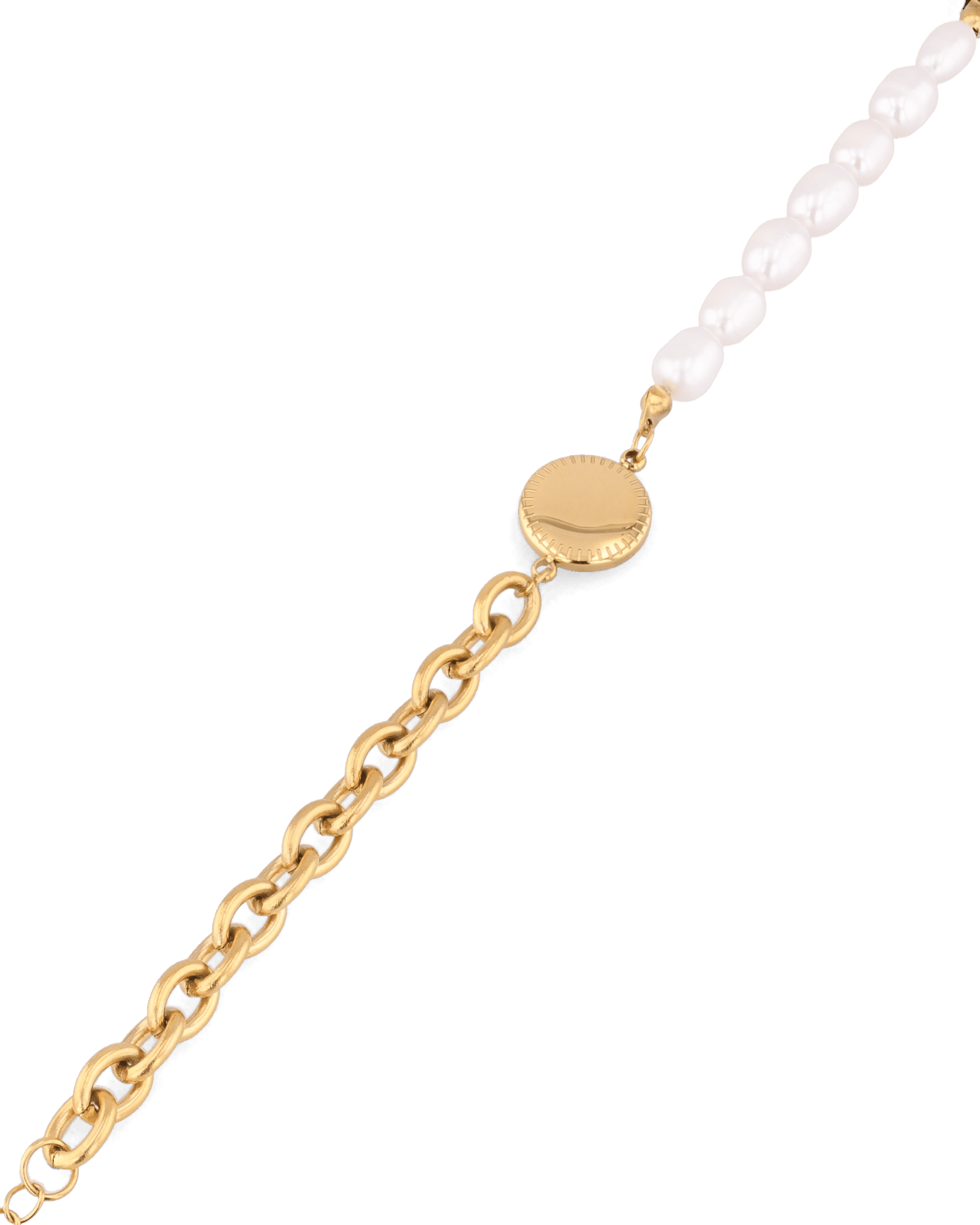 Madeira Gold Pearl Bracelet by Lavana, half chain half freshwater pearls with engravable disc