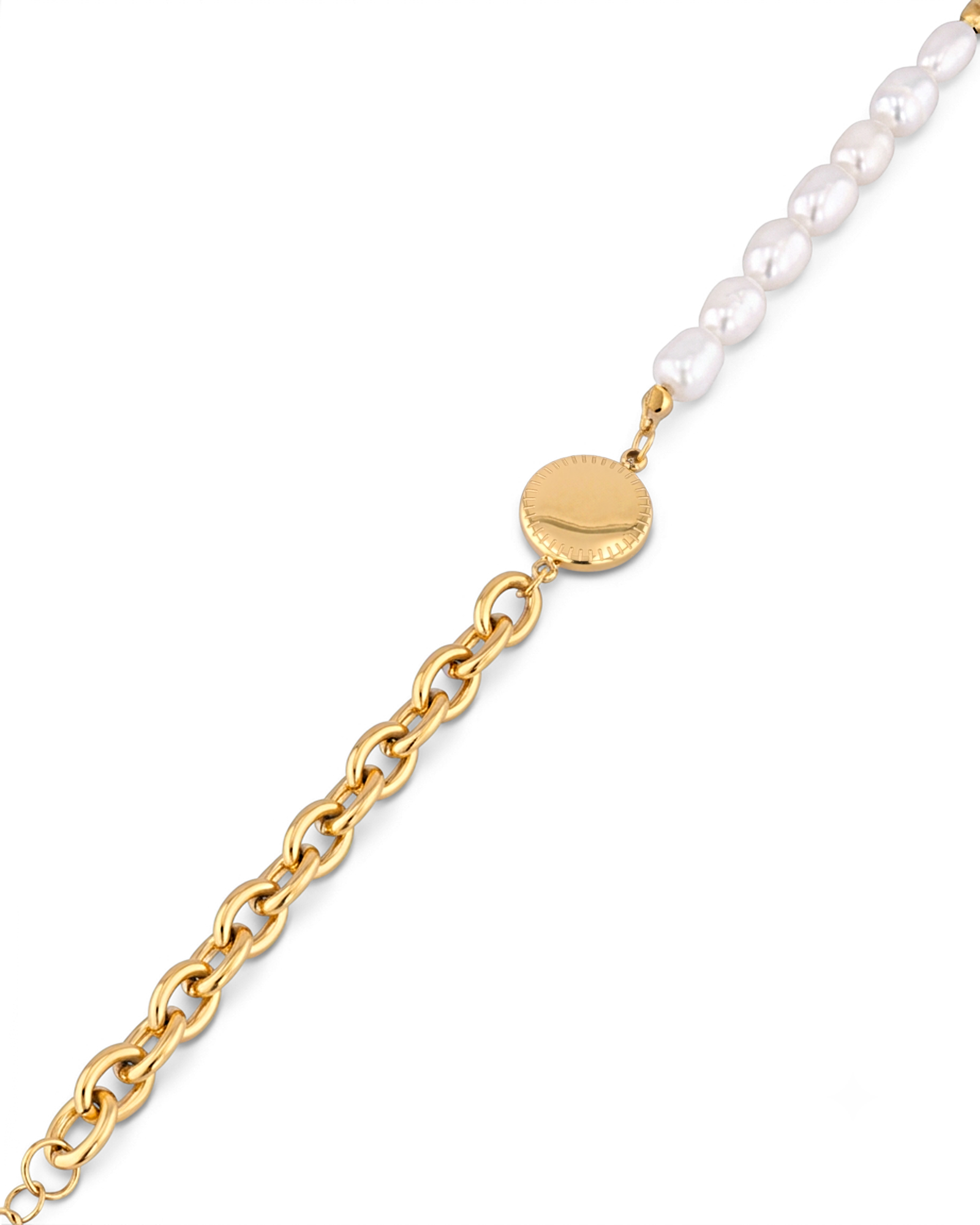 Madeira Gold Pearl Bracelet by Lavana, half chain half freshwater pearls with engravable disc