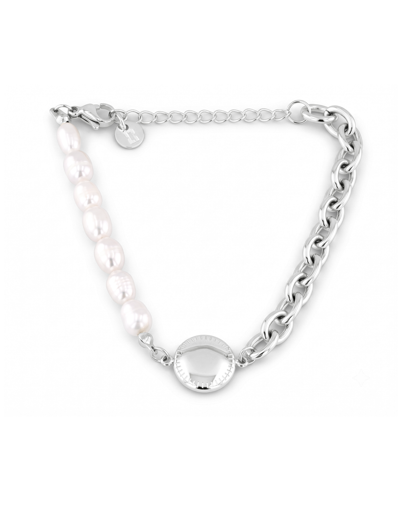 Madeira Silver Pearl Bracelet by Lavana, half chain half freshwater pearls with engravable disc