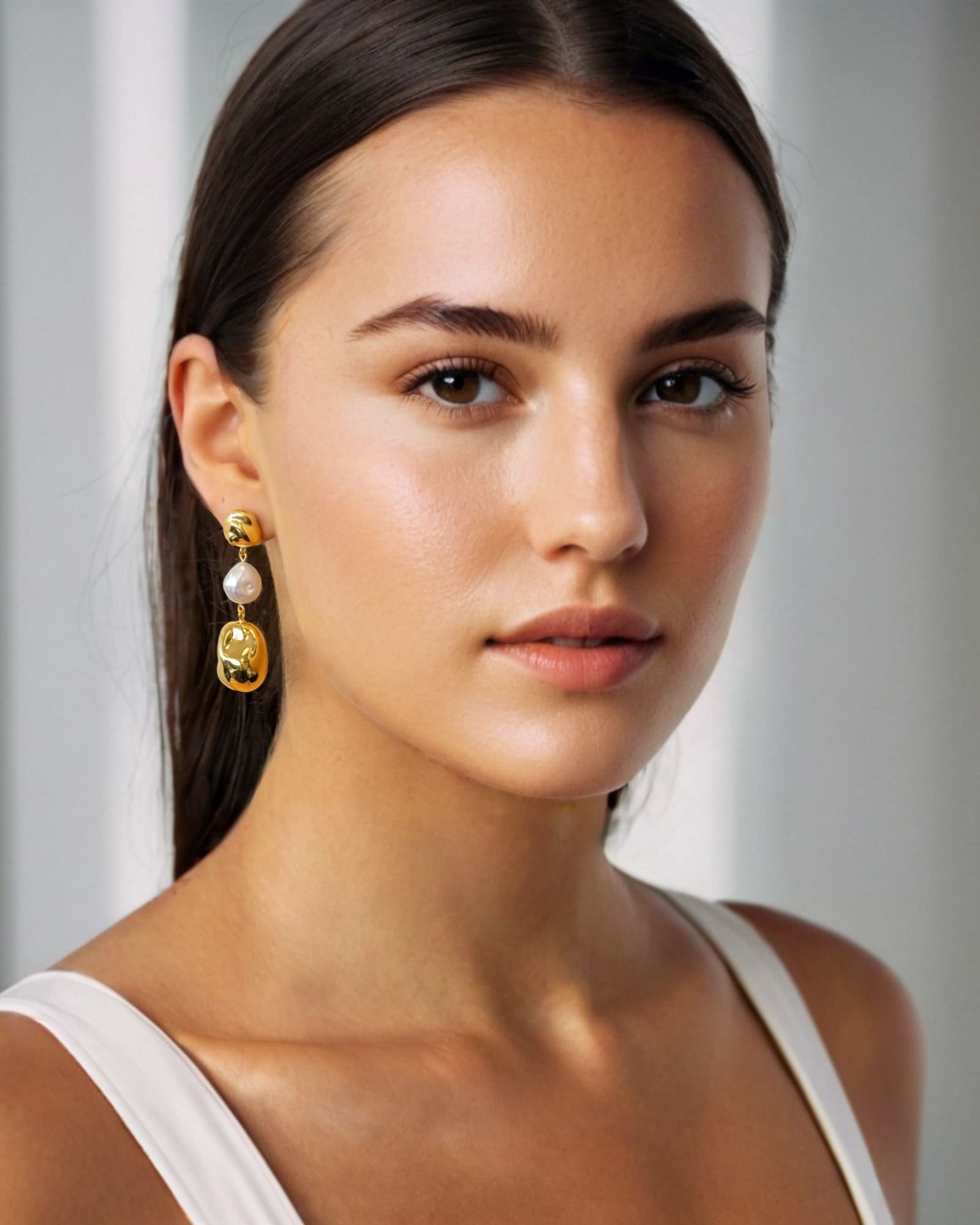 Majorca Gold Pearl Drop Earrings by Lavana, on model; organic open curves with central freshwater pearl 